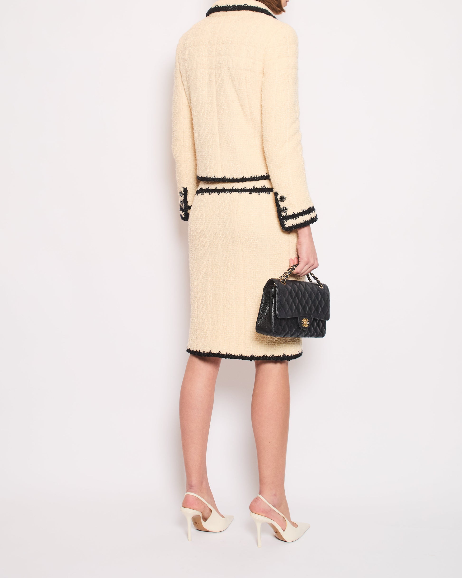 Chanel Metallic Cream Tweed Blazer Jacket and Midi Skirt Set With Black Tweed Trim and Black CC Logo Detail Buttons Size FR 38 (UK 10)