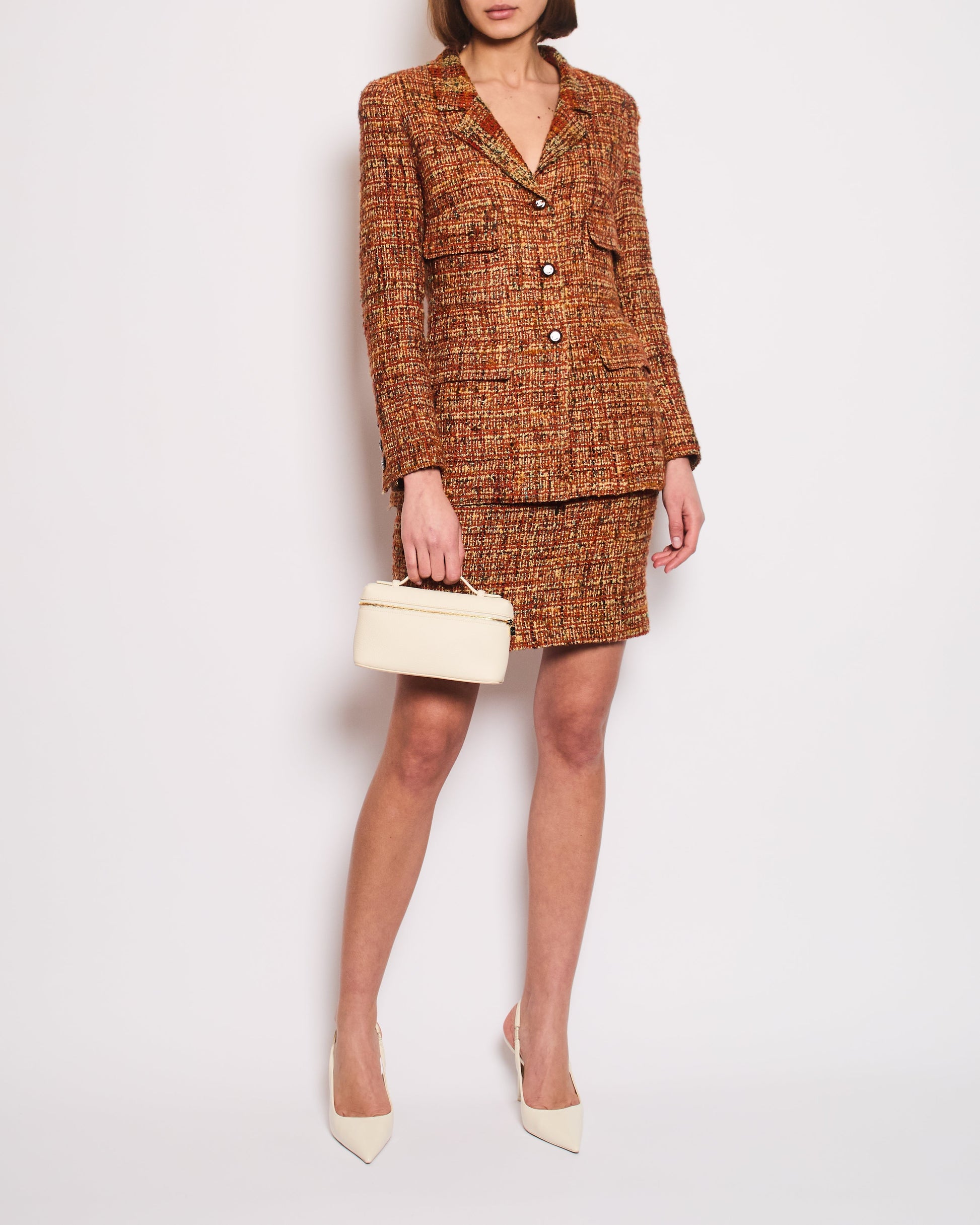 *HOT* Chanel 98A   Burnt Orange & Multicolour Tweed Long Jacket and Skirt Set with Brown CC Logo Buttons Size FR 36 (UK 8)