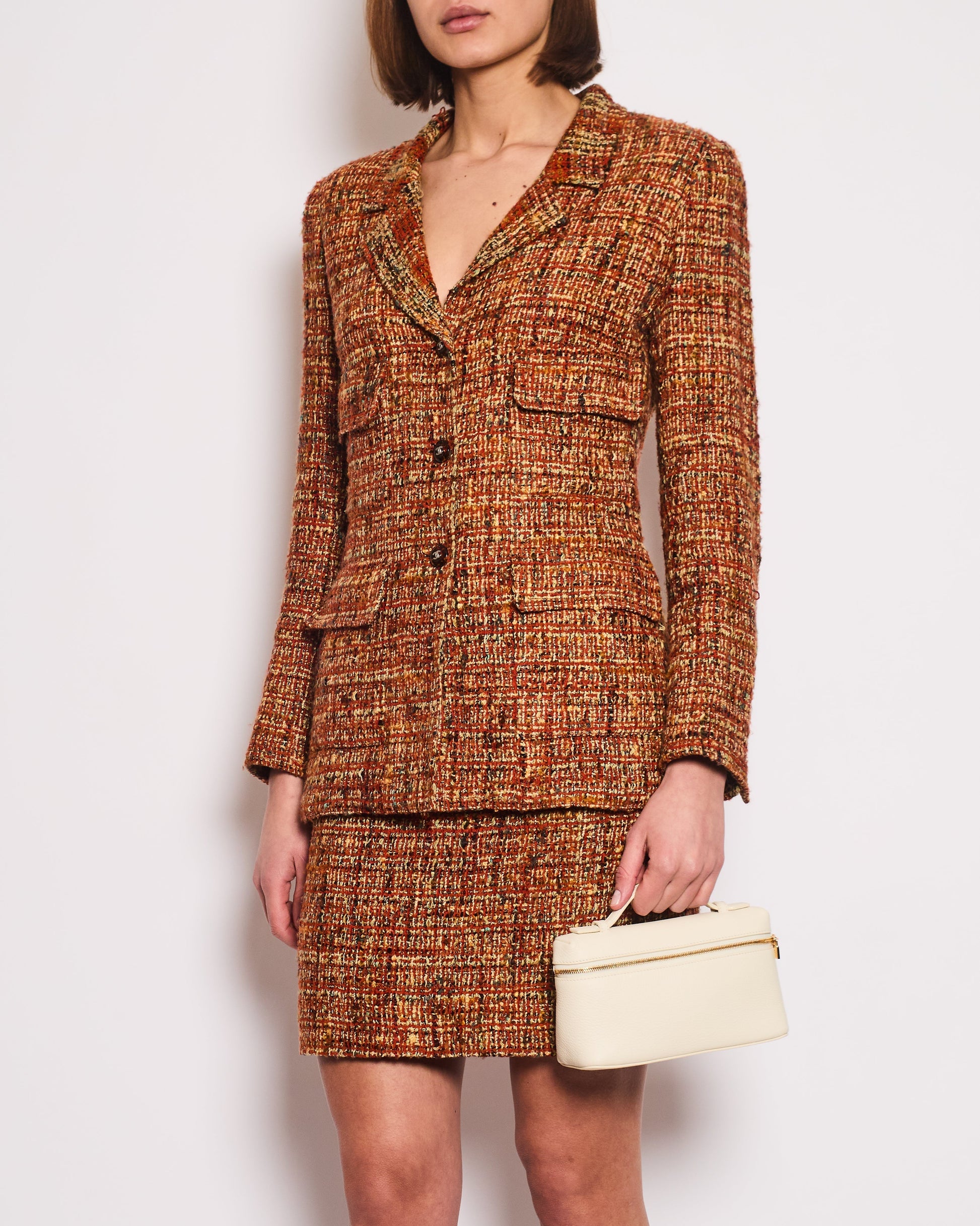 *HOT* Chanel 98A   Burnt Orange & Multicolour Tweed Long Jacket and Skirt Set with Brown CC Logo Buttons Size FR 36 (UK 8)