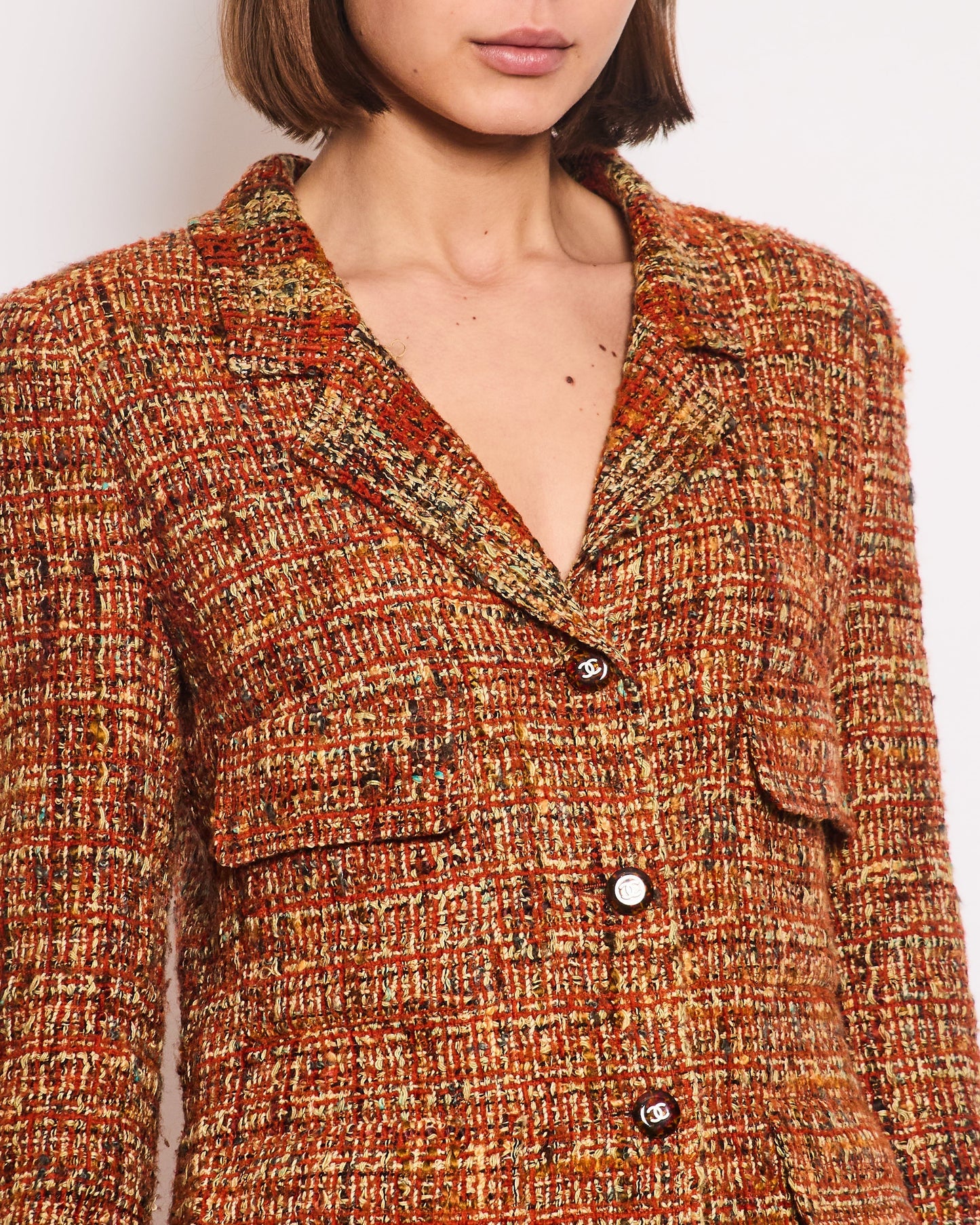 *HOT* Chanel 98A   Burnt Orange & Multicolour Tweed Long Jacket and Skirt Set with Brown CC Logo Buttons Size FR 36 (UK 8)