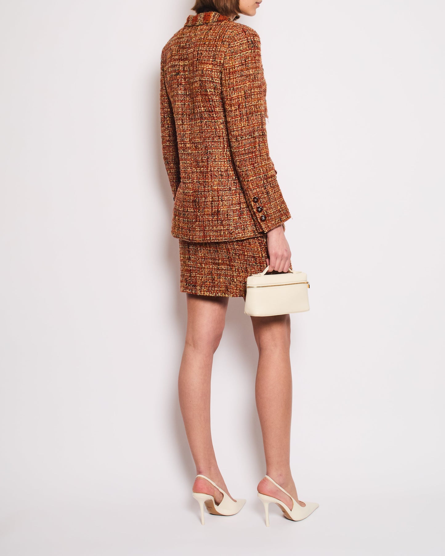 *HOT* Chanel 98A   Burnt Orange & Multicolour Tweed Long Jacket and Skirt Set with Brown CC Logo Buttons Size FR 36 (UK 8)