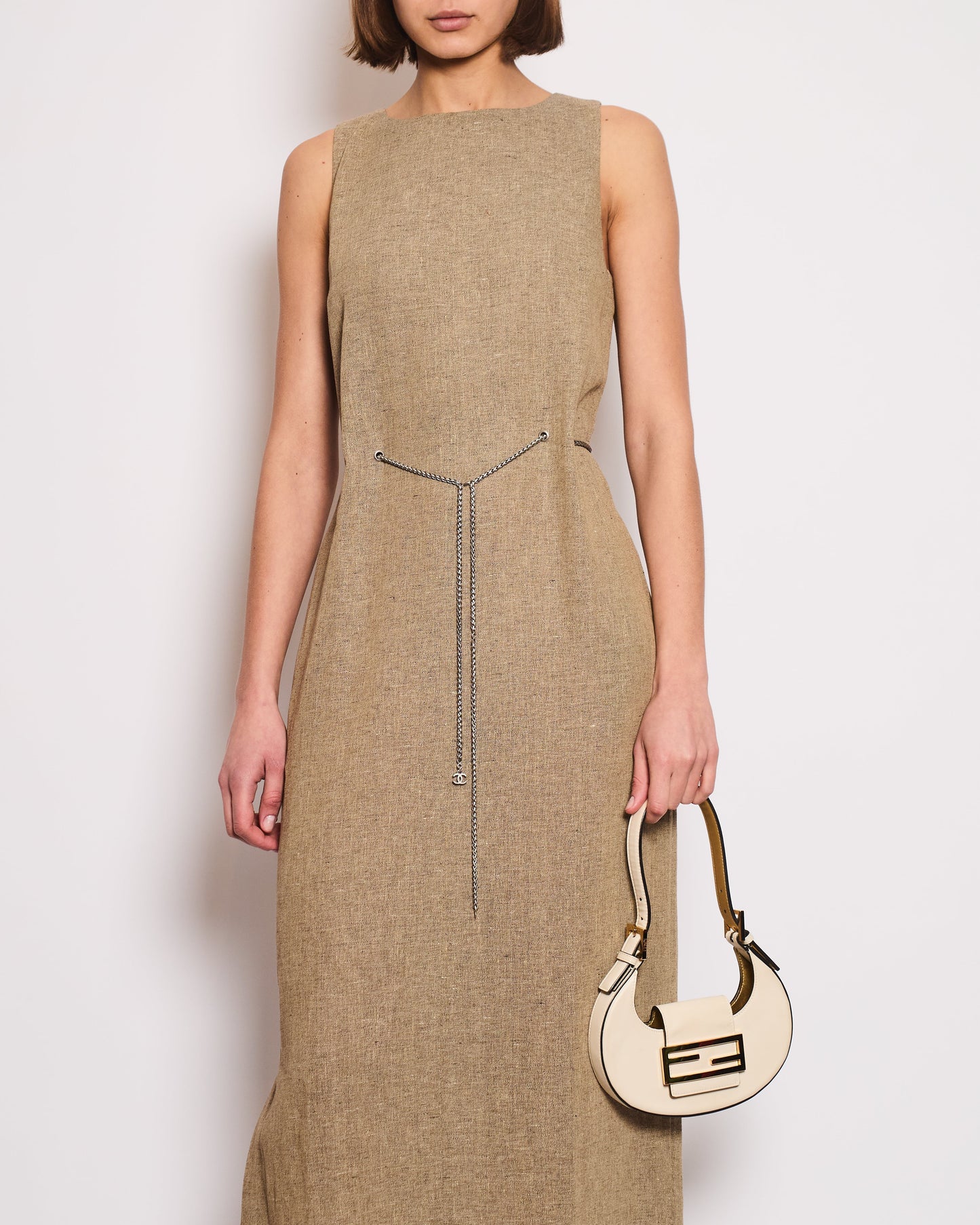 Chanel 08P Beige Sleeveless Linen Maxi Dress with Silver CC Logo Chain Detail FR 40 (UK 12)
