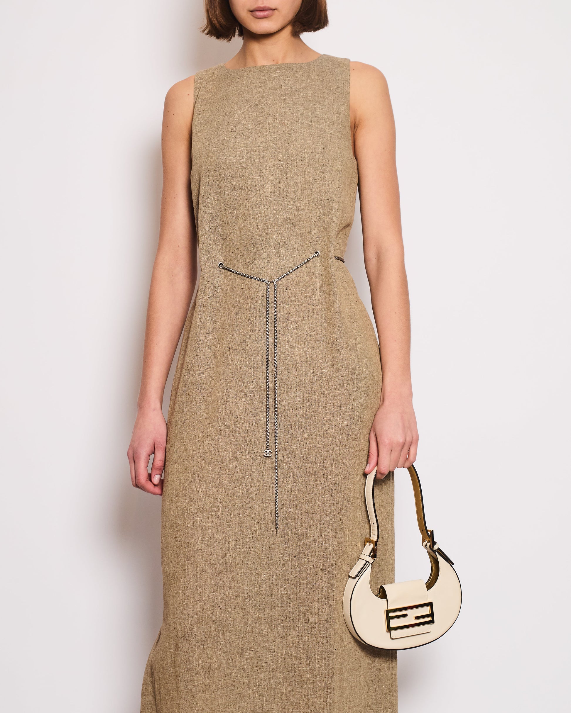 Chanel 08P Beige Sleeveless Linen Maxi Dress with Silver CC Logo Chain Detail FR 40 (UK 12)