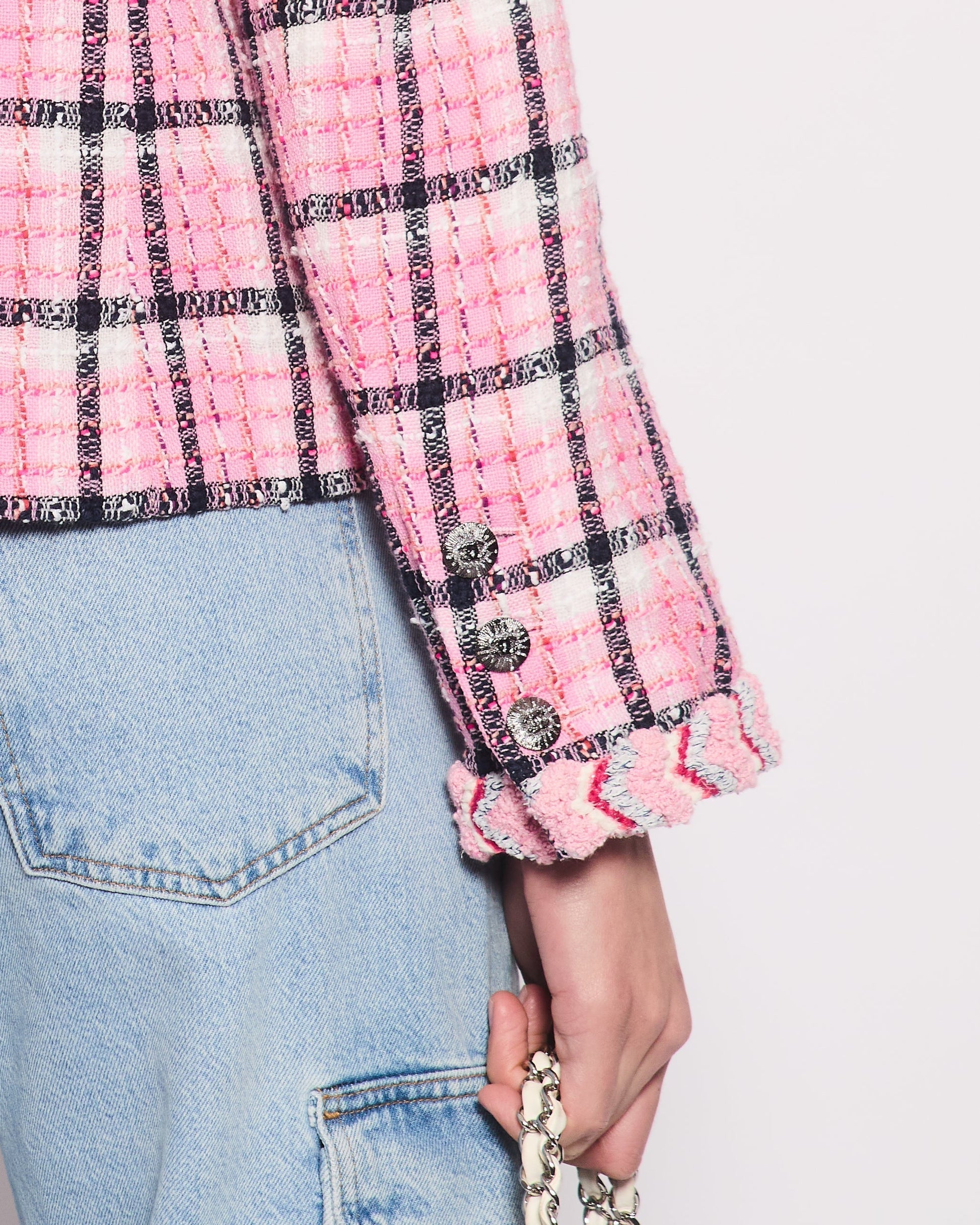 Chanel 24/S Pink Checkered Tweed Jacket with CC Diamante Buttons Size FR 40 UK 12)