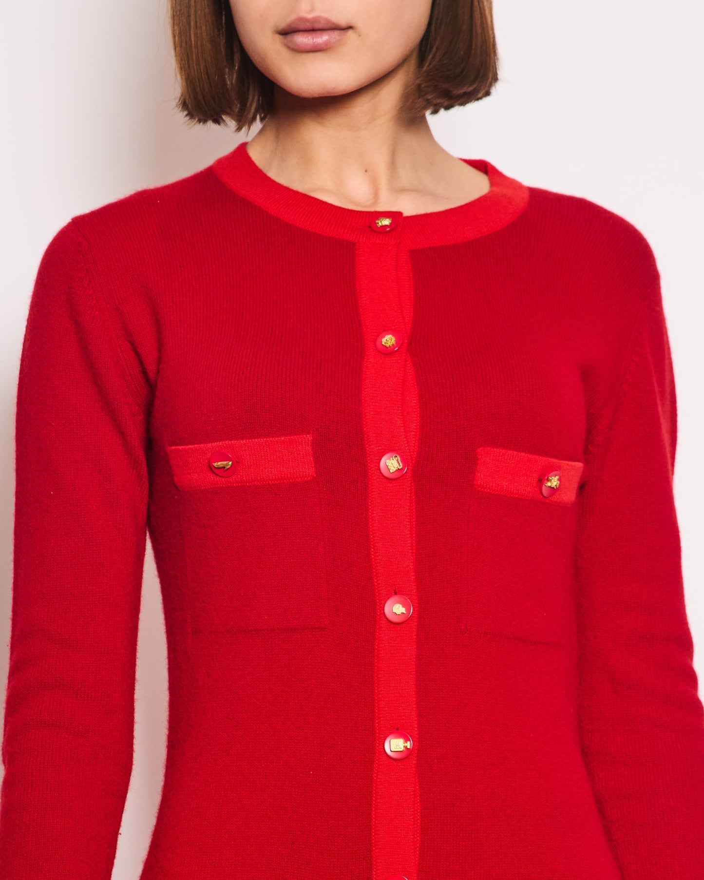 *HOT* Chanel Red Long Sleeve Knit Mini Dress with Multi Icon Logo Button Details FR 38 (UK 10)