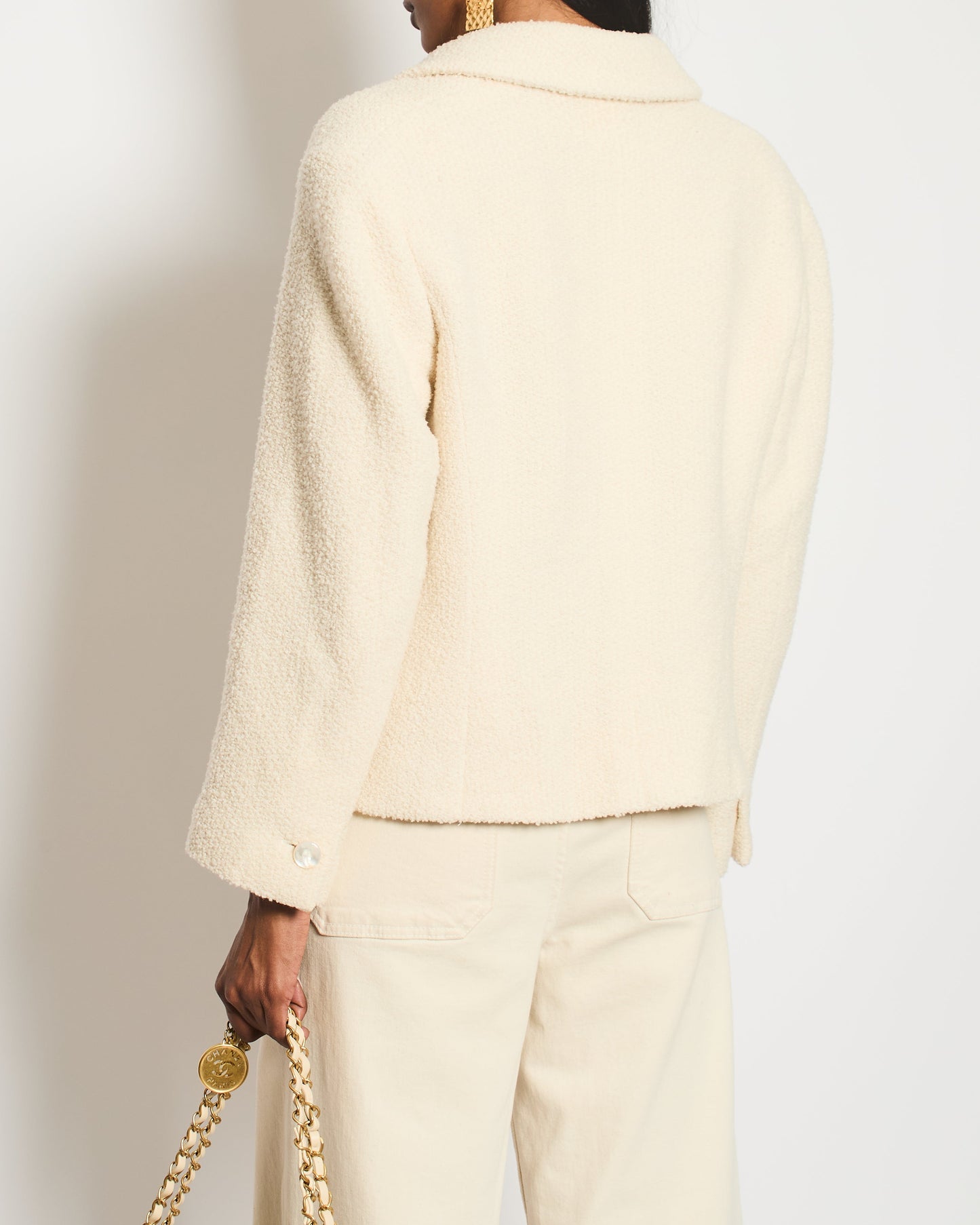 Chanel Cream Tweed Jacket with Ivory Logo CC Button Details Size FR 38 (UK 10)