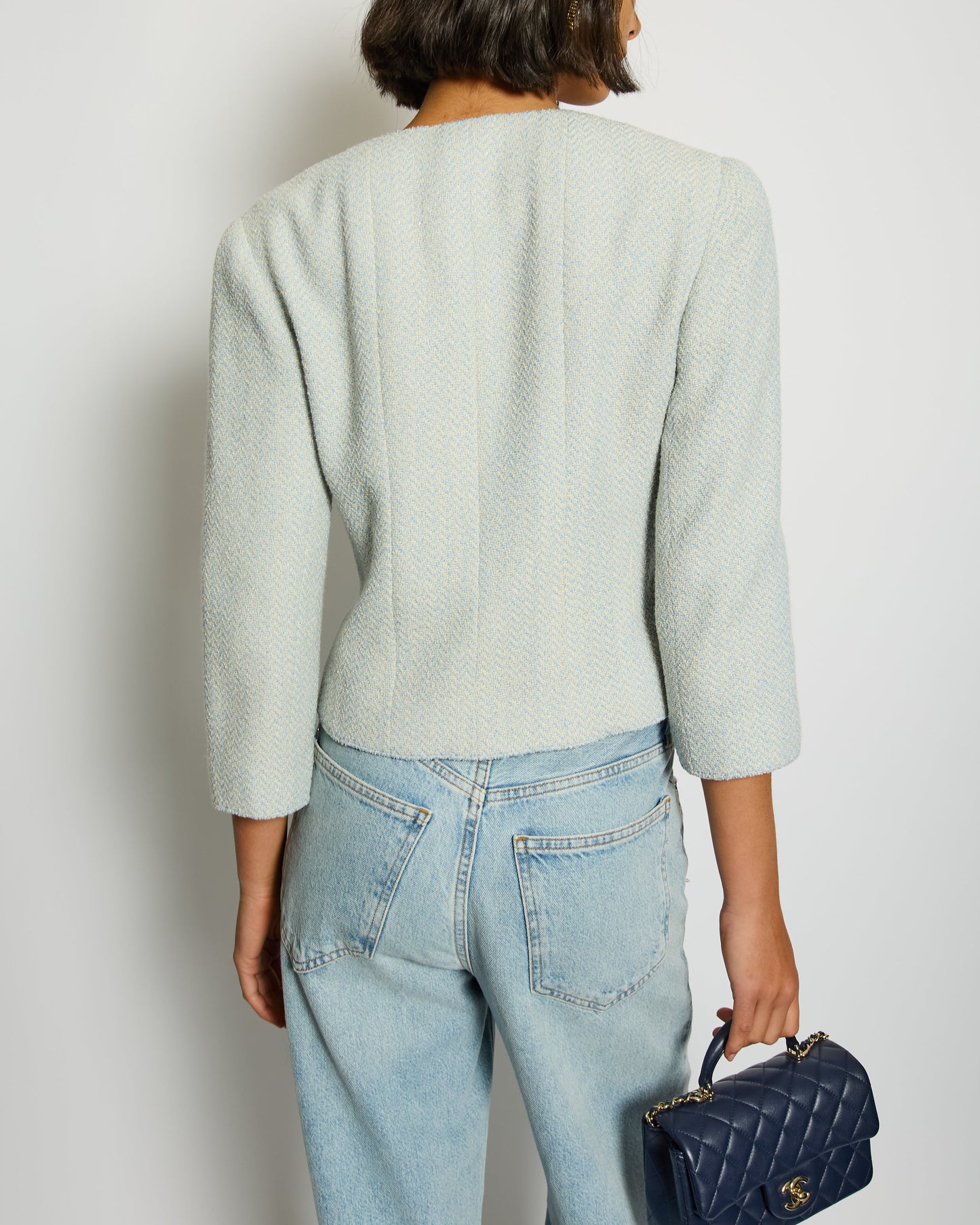 Chanel 00C Baby Blue Tweed Jacket with Silver Logo Button Details Size FR 38 (UK 10)