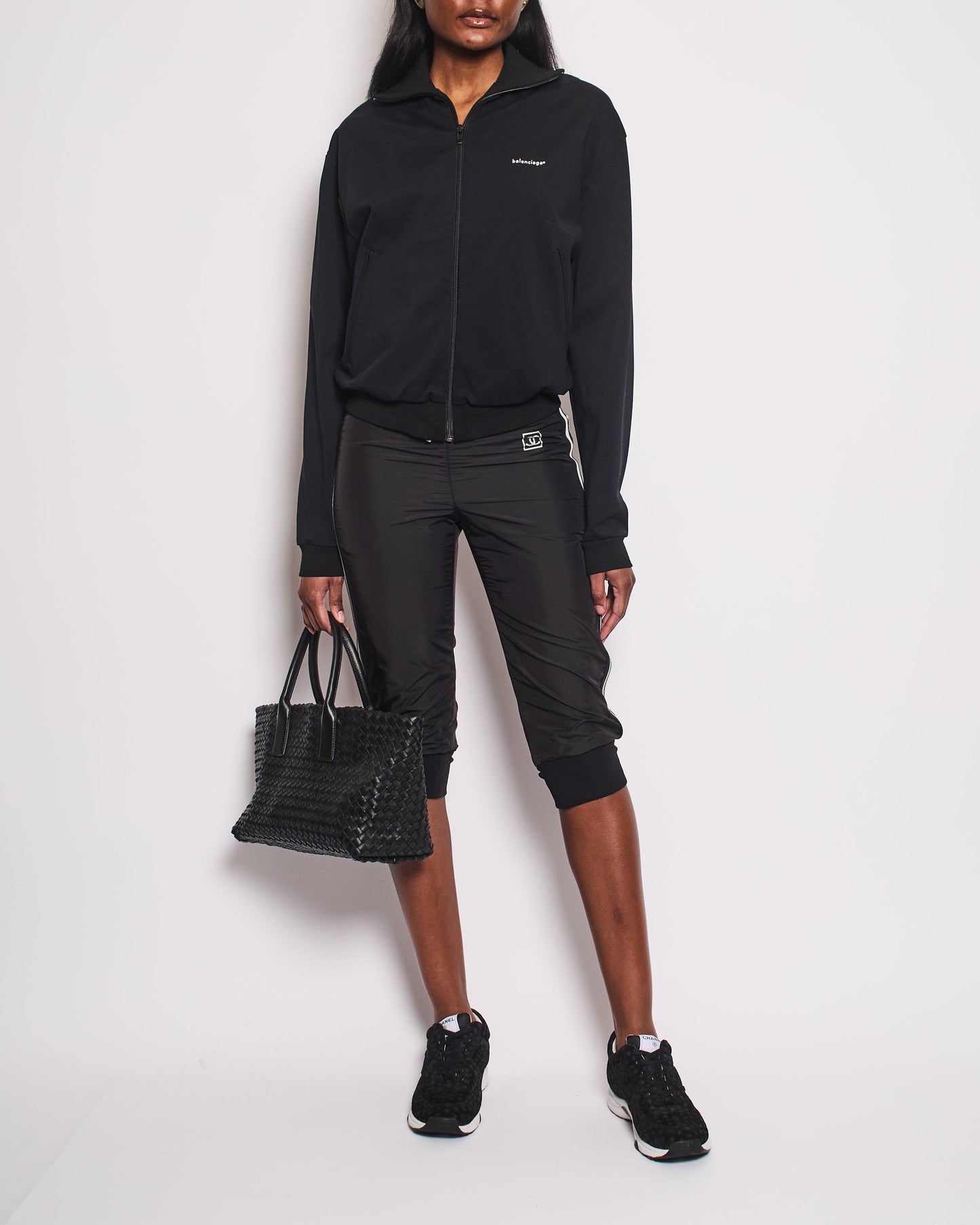 Chanel Black Nylon 3/4 Length Tro Rs With Cuffed Leg Details And Silver Side Trims Size Fr 34 (Uk 6) Bag
