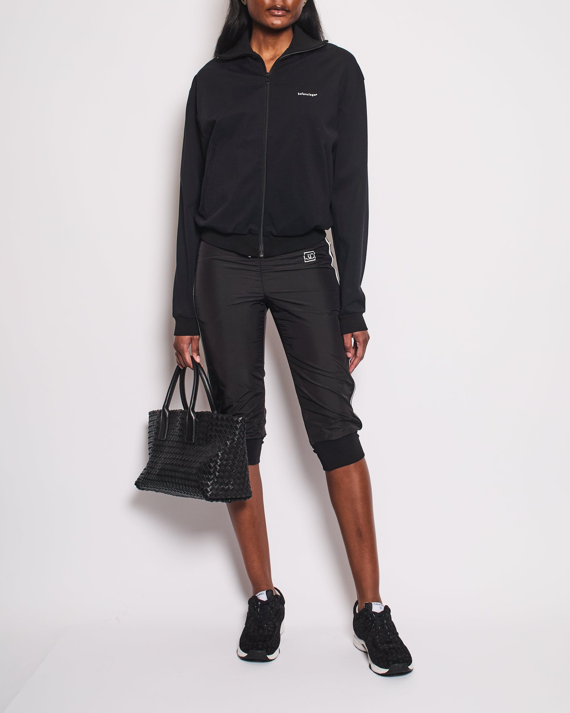 Chanel Black Nylon 3/4 Length Tro Rs With Cuffed Leg Details And Silver Side Trims Size Fr 34 (Uk 6) Bag