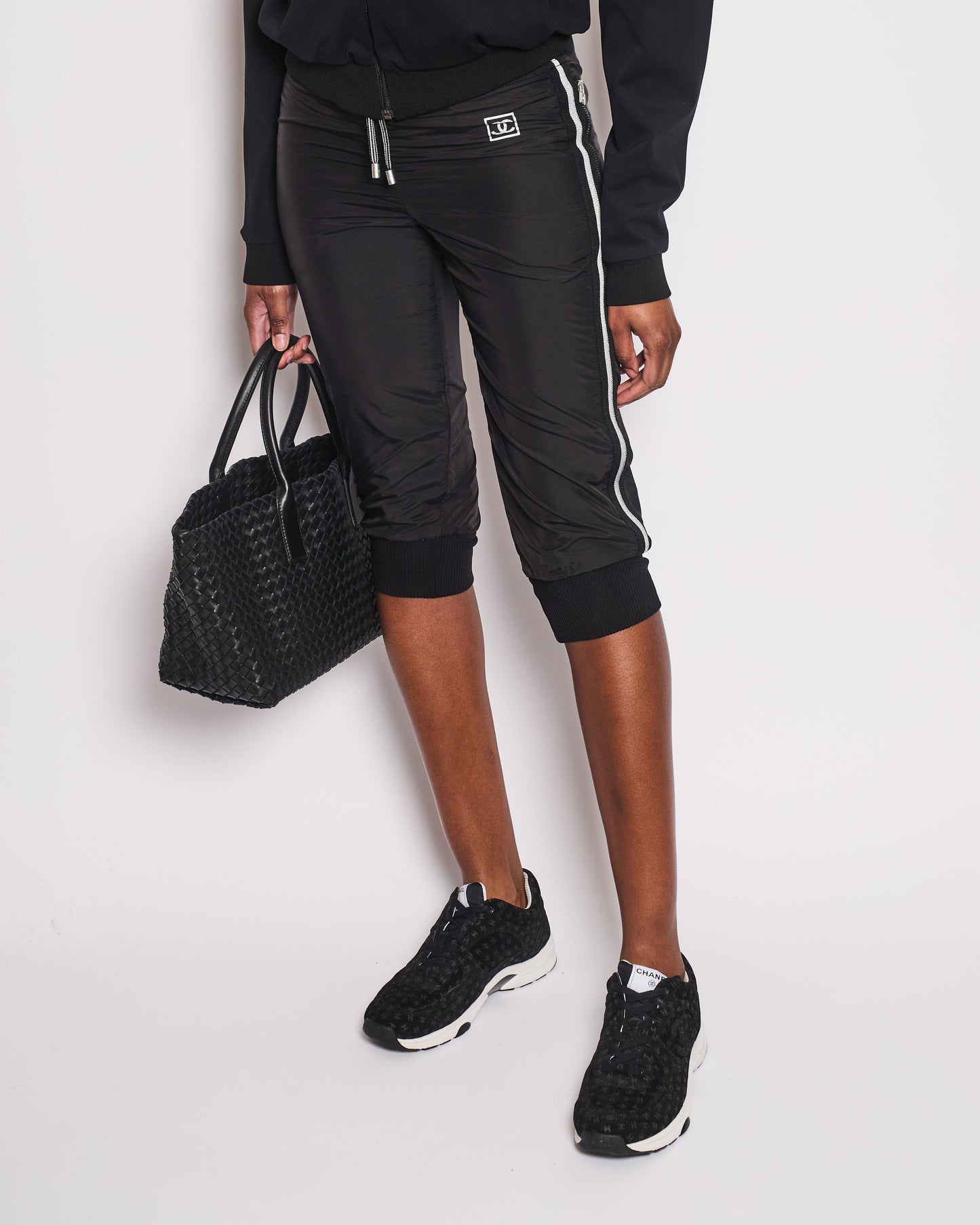 Chanel Black Nylon 3/4 Length Tro Rs With Cuffed Leg Details And Silver Side Trims Size Fr 34 (Uk 6) Bag