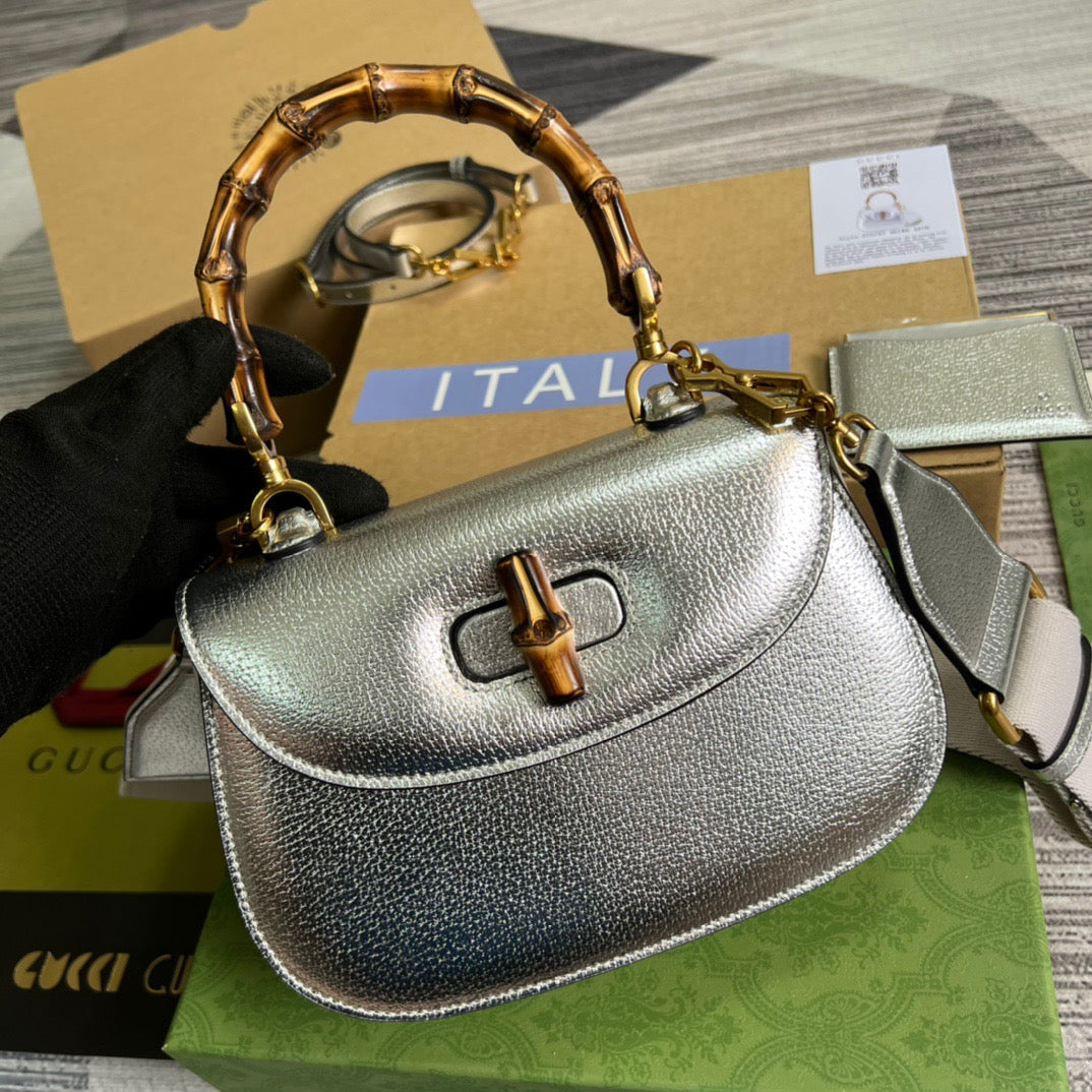 gg Bamboo , ’s 10in Silver Medium Top Handle Handbag