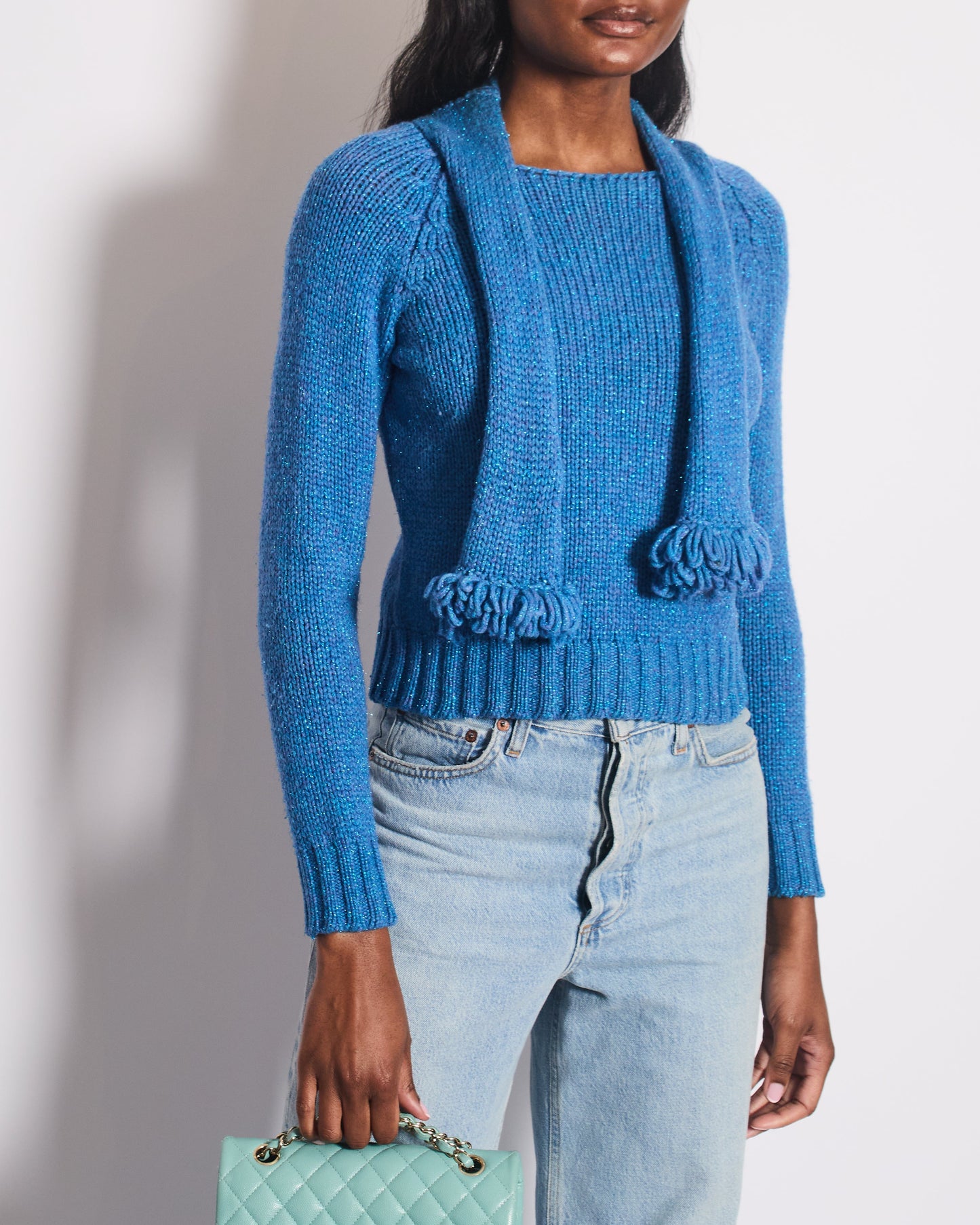 Chanel 01/A Blue Wool Jumper With Scarf Tie And Sparkle Detail Size Fr 38 (Uk 10) Bag