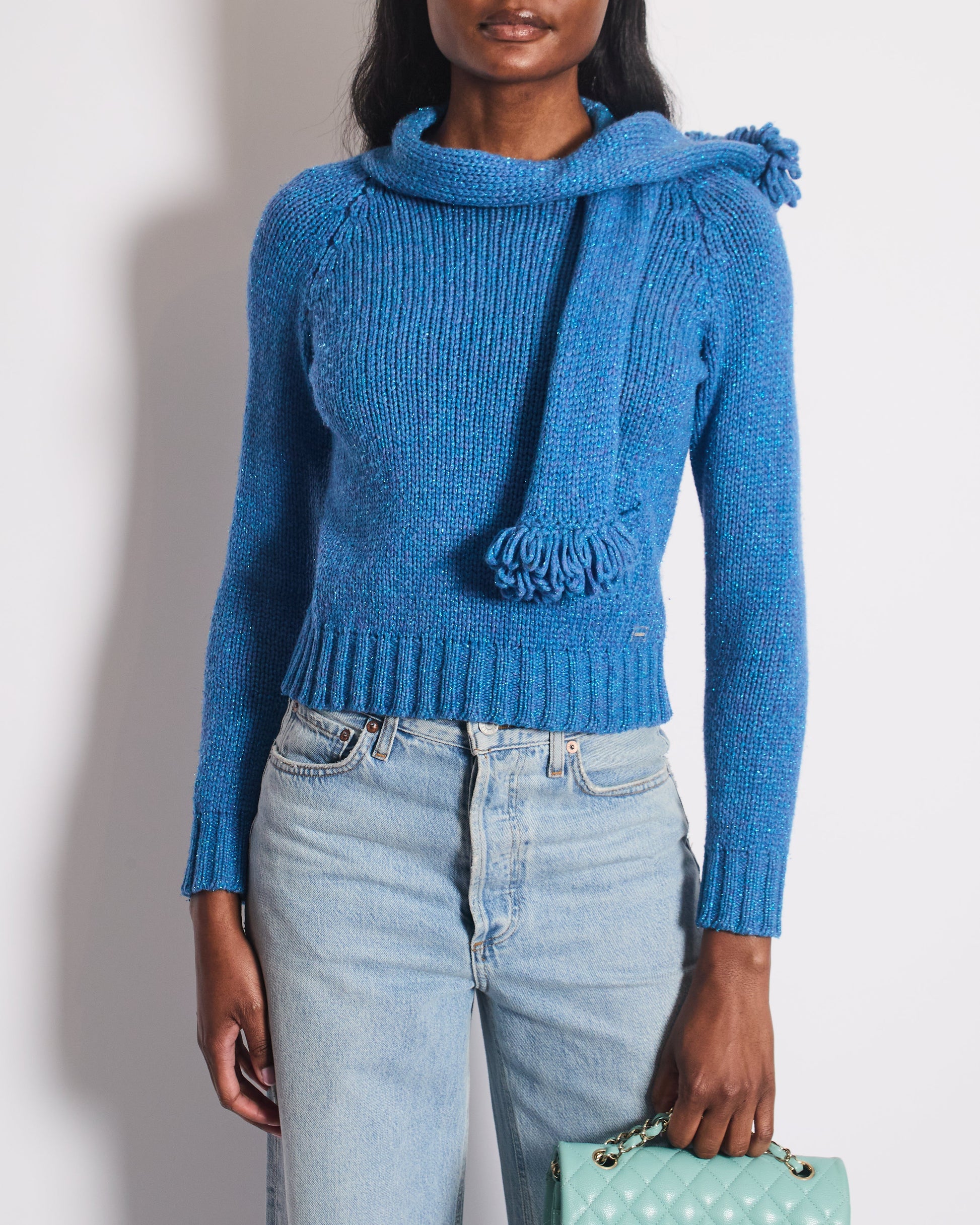 Chanel 01/A Blue Wool Jumper With Scarf Tie And Sparkle Detail Size Fr 38 (Uk 10) Bag
