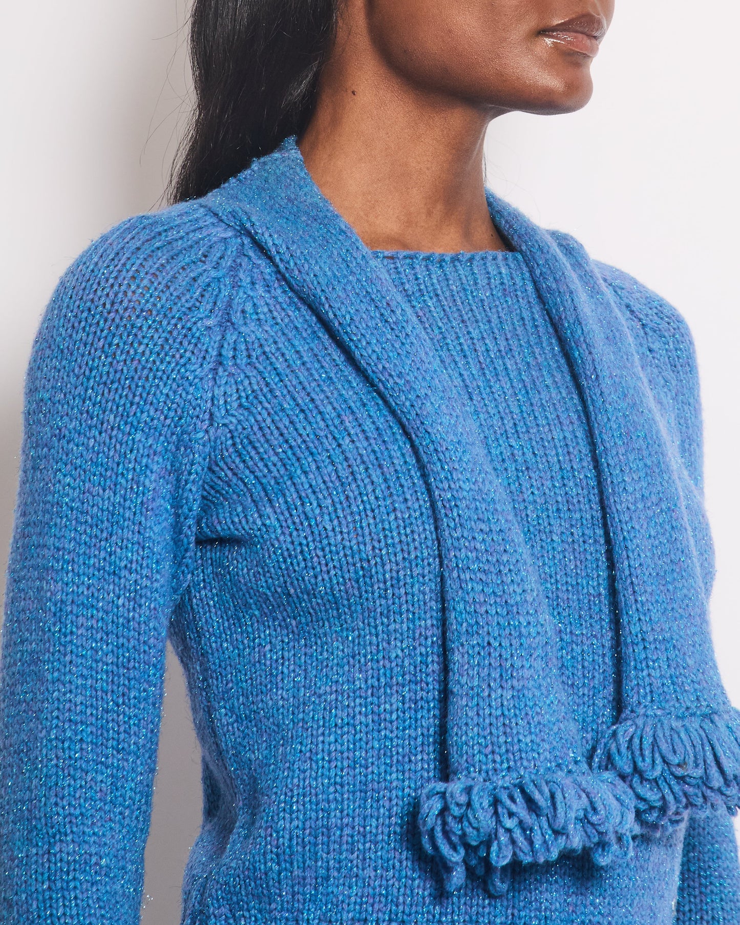 Chanel 01/A Blue Wool Jumper With Scarf Tie And Sparkle Detail Size Fr 38 (Uk 10) Bag