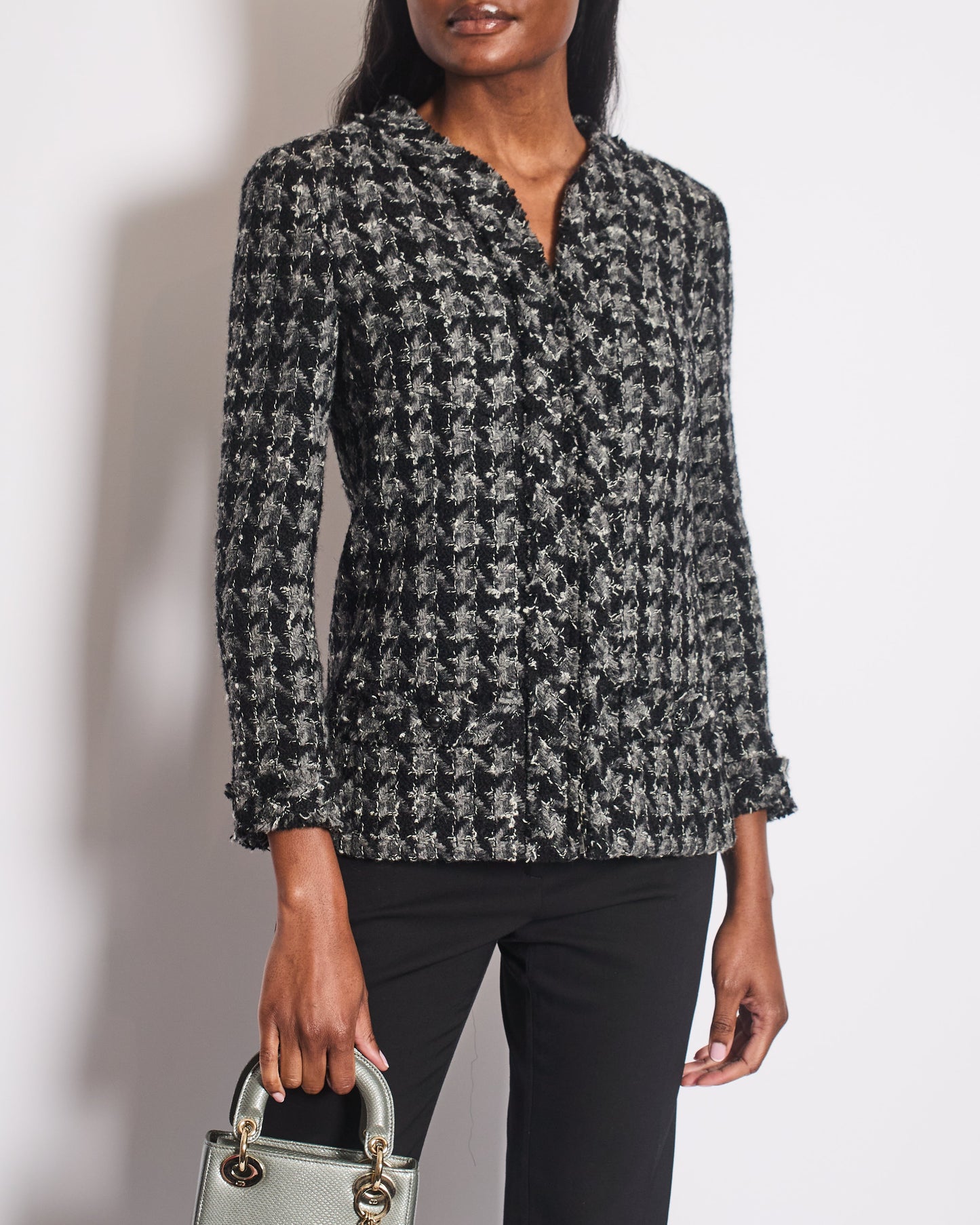 Chanel Black, Grey Tweed Large Houndstooth Jacket with Front Pockets and Black Leather Button Details, Size FR 38 (UK 10)