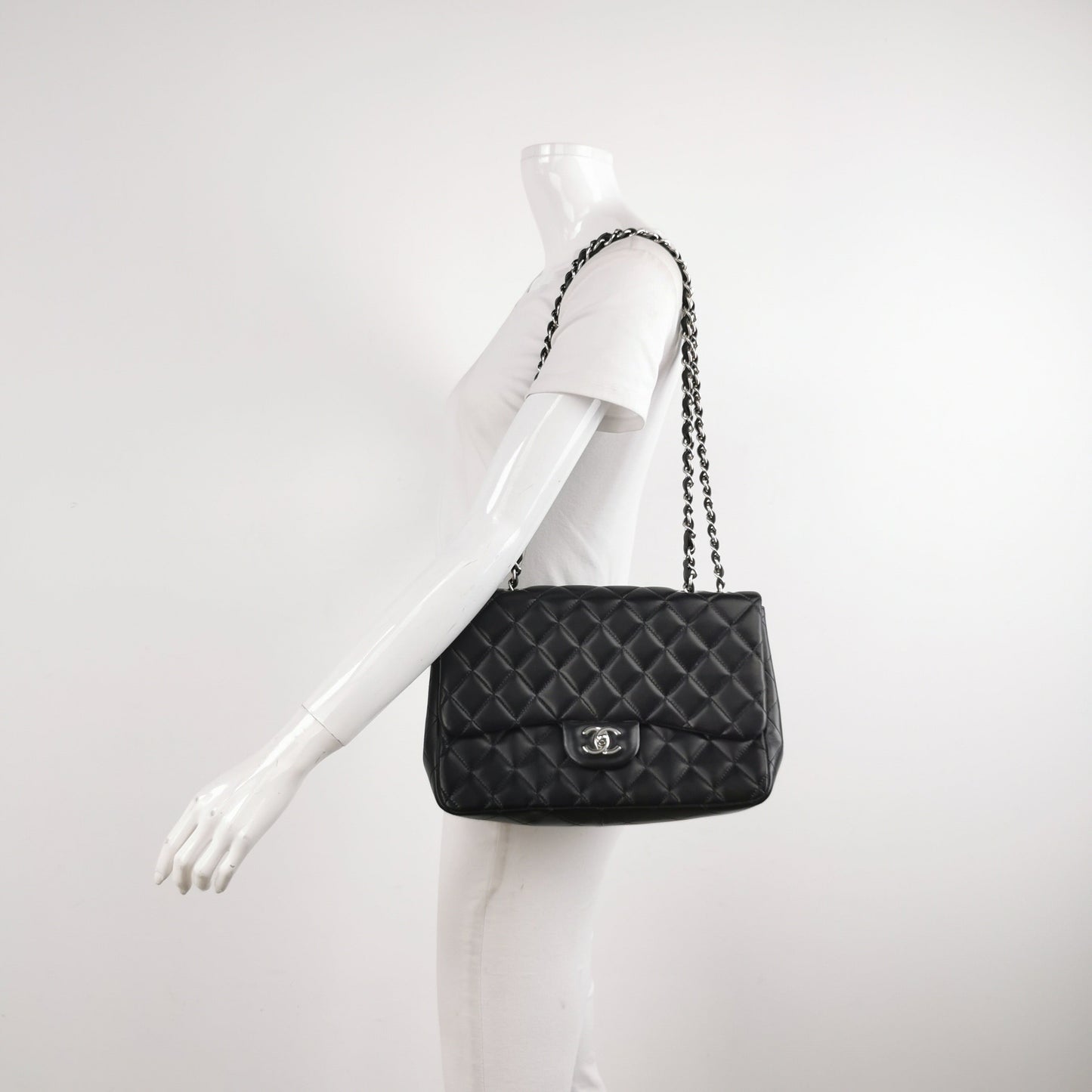 Chanel Classic Flap Jumbo Lambskin Single Flap Black Silver Leather Handbag Silver Hardware