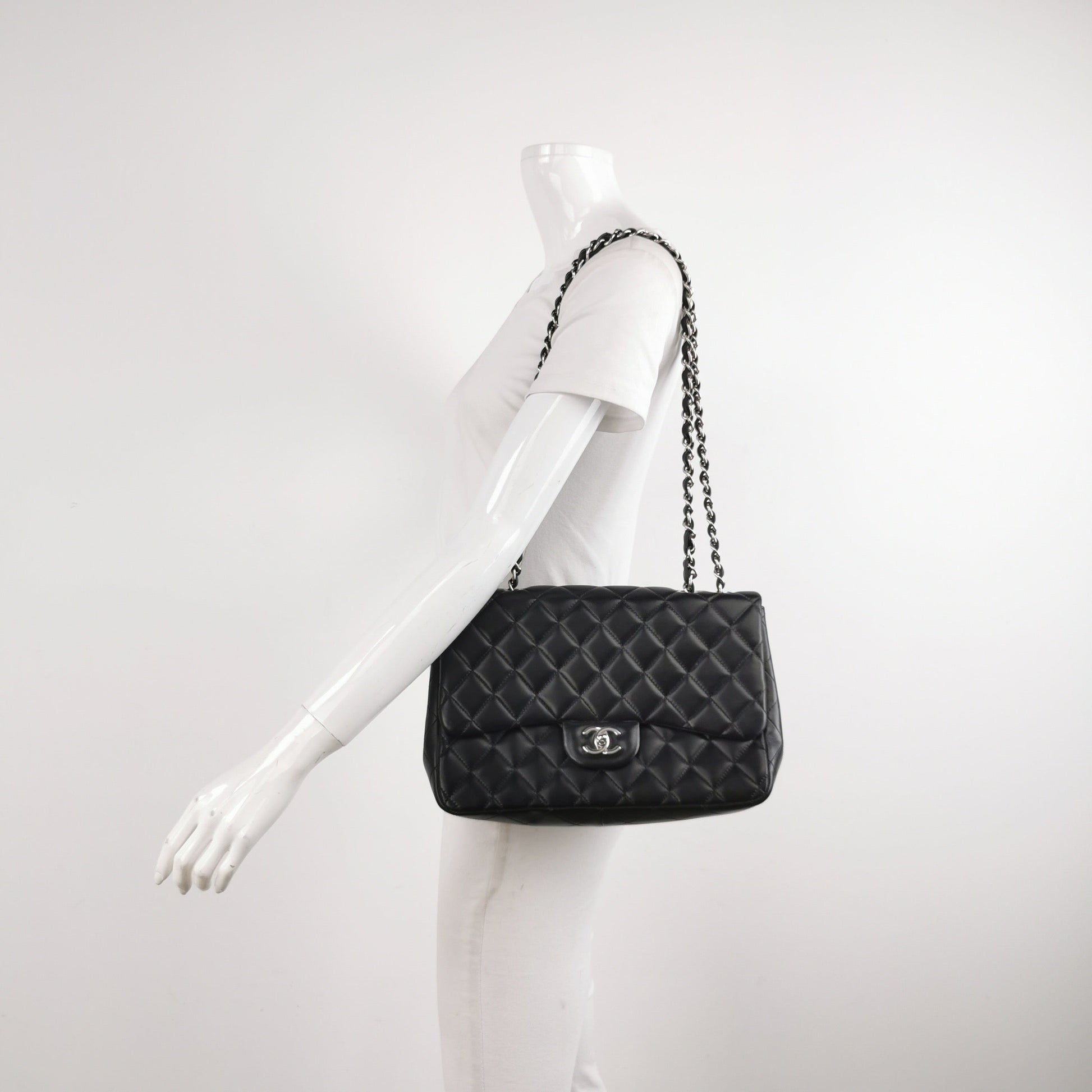 Chanel Classic Flap Jumbo Lambskin Single Flap Black Silver Leather Handbag Silver Hardware