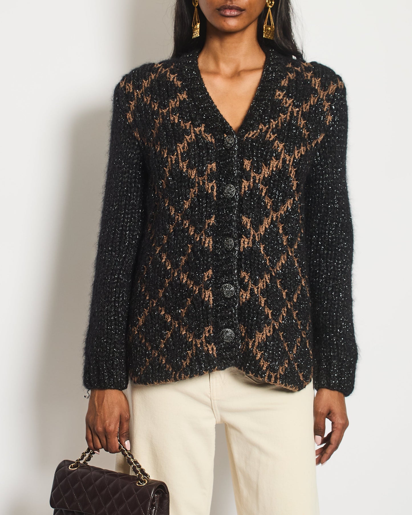Chanel Black And Brown Quilted Mohair Cardigan With Silver Threads And Black Chain Button Details Size Fr 34 (Uk 6) Bag