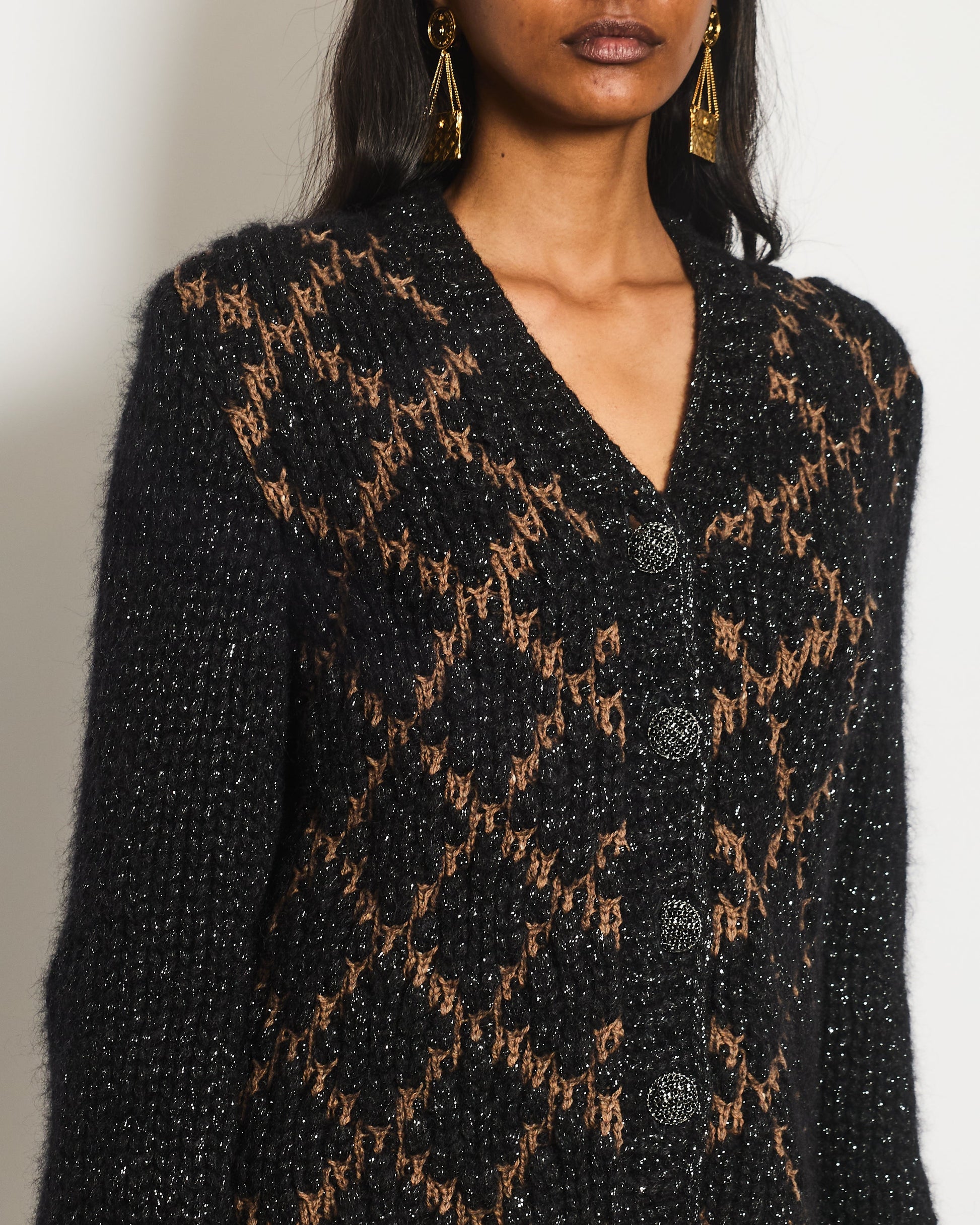 Chanel Black And Brown Quilted Mohair Cardigan With Silver Threads And Black Chain Button Details Size Fr 34 (Uk 6) Bag