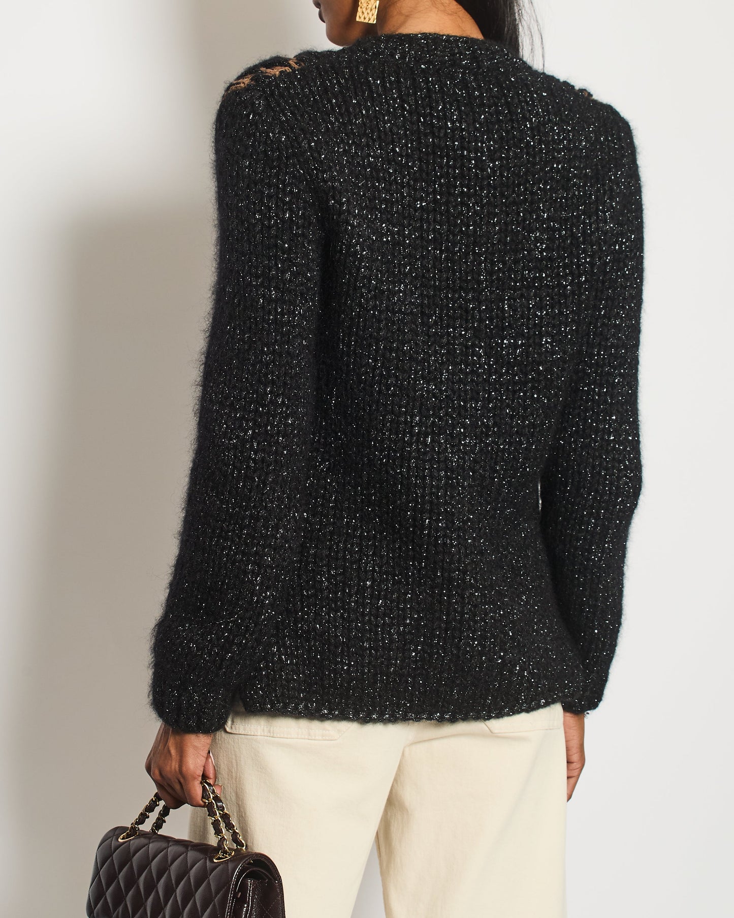 Chanel Black And Brown Quilted Mohair Cardigan With Silver Threads And Black Chain Button Details Size Fr 34 (Uk 6) Bag
