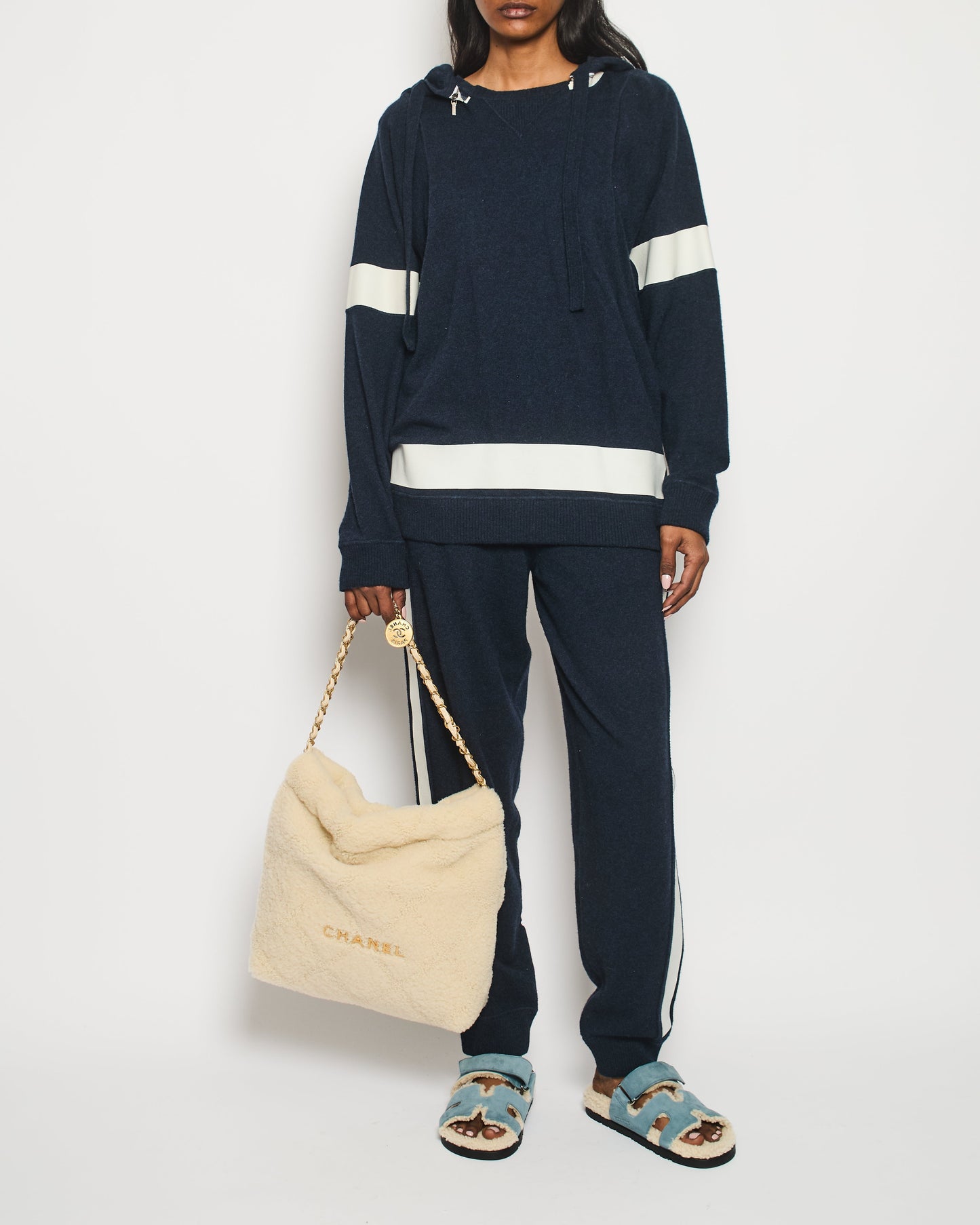Chanel Navy Two-Piece Cashmere Tracksuit Set With Detachable Hood Detail Size Fr 40 (Uk 12) Bag