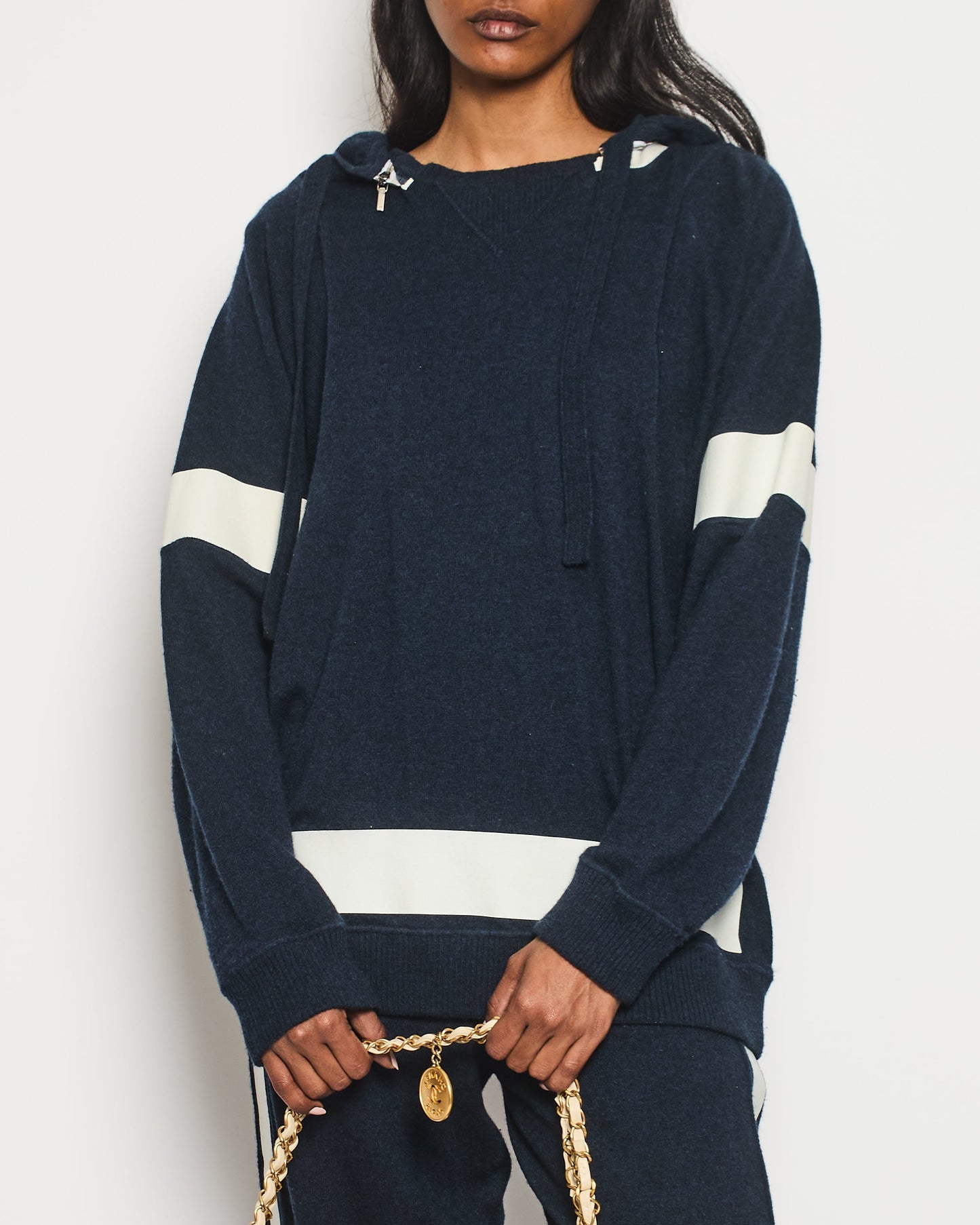 Chanel Navy Two-Piece Cashmere Tracksuit Set With Detachable Hood Detail Size Fr 40 (Uk 12) Bag