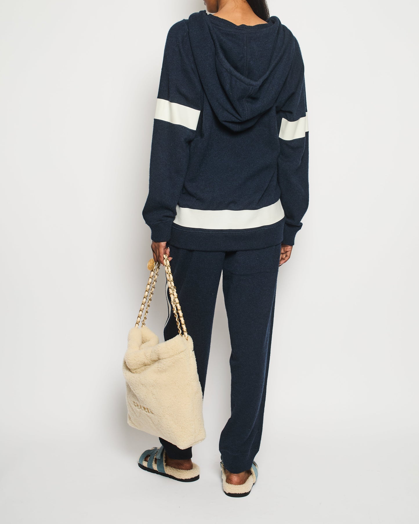 Chanel Navy Two-Piece Cashmere Tracksuit Set With Detachable Hood Detail Size Fr 40 (Uk 12) Bag