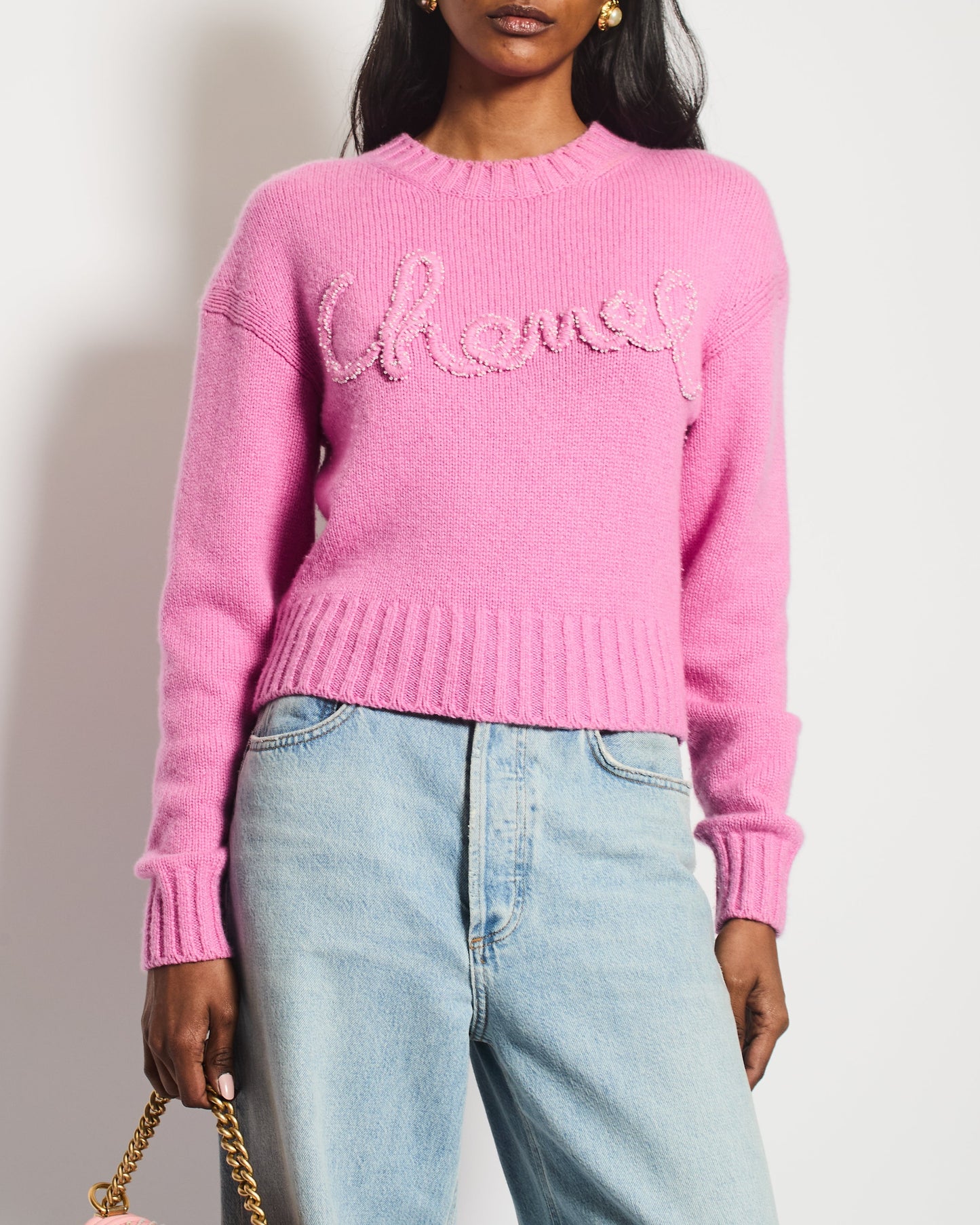 Chanel 20/B Pink Cashmere Jumper With Pearl Logo Detail Size Fr 36 (Uk 8) Bag