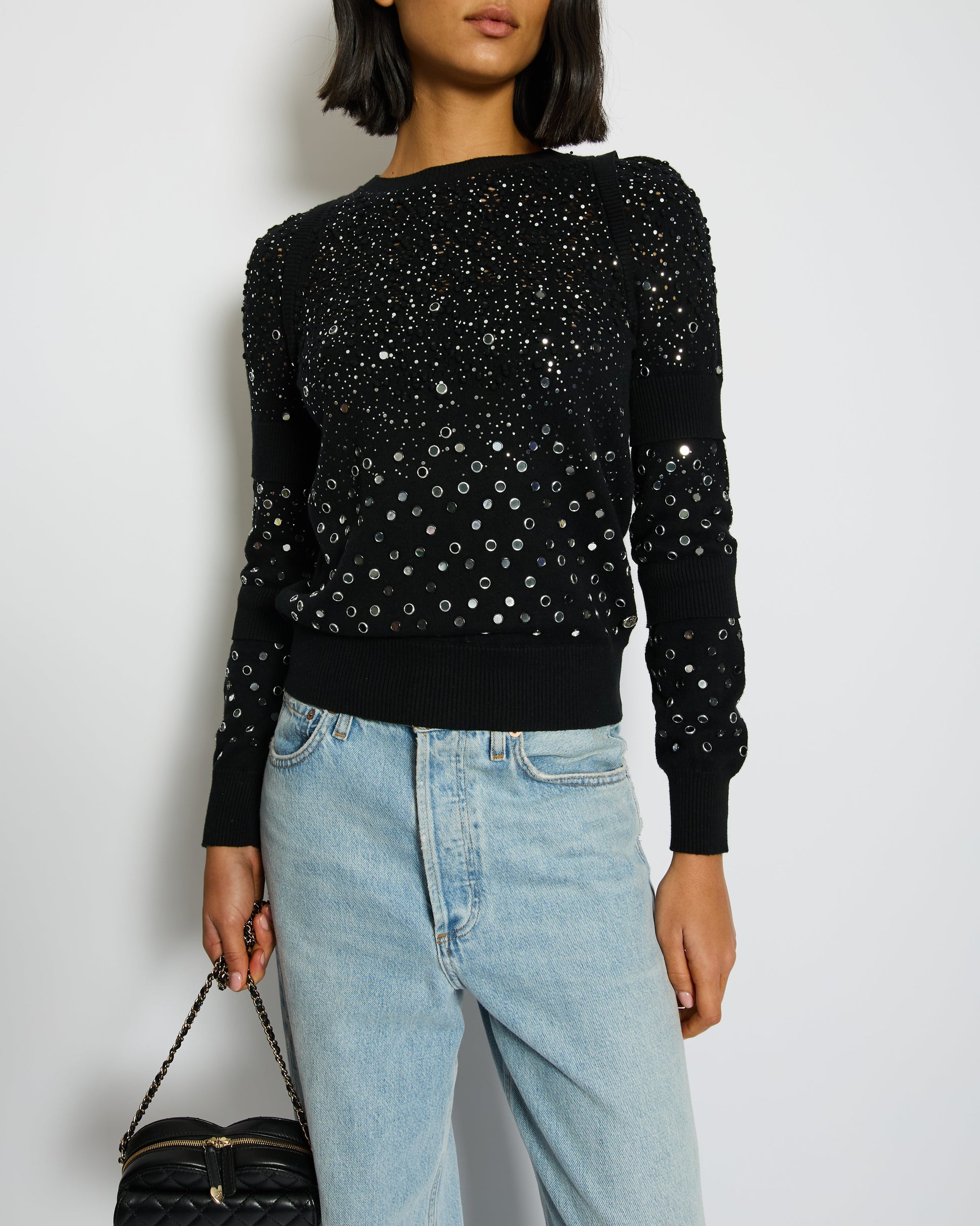 Chanel Black Embellished Jumper With Cc Logo And Sequin Details Size Fr 34 (Uk 6) Bag