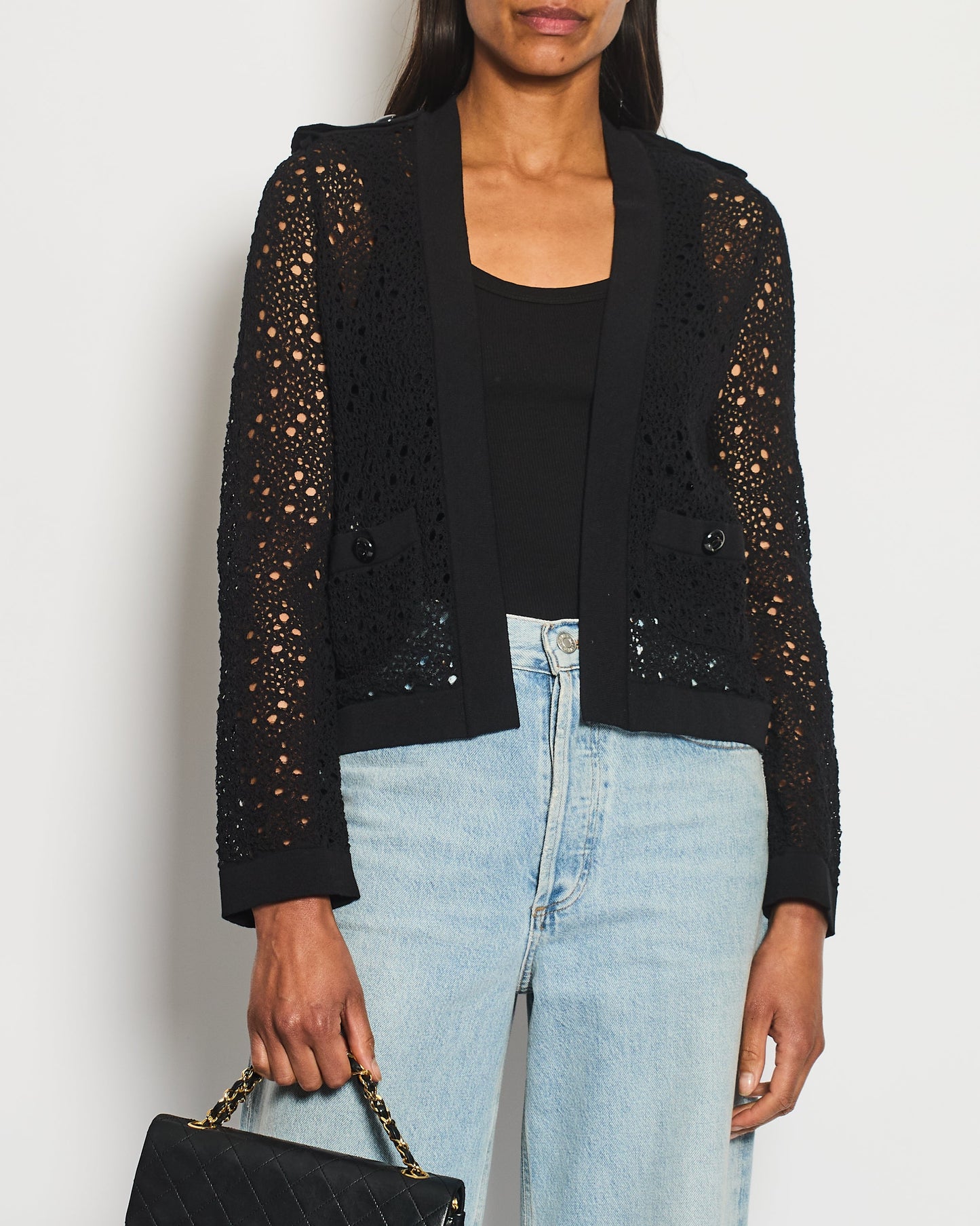 Chanel Black Crochet Cardigan With Cc Logo Buttons Size Fr 34 (Uk 6) Bag