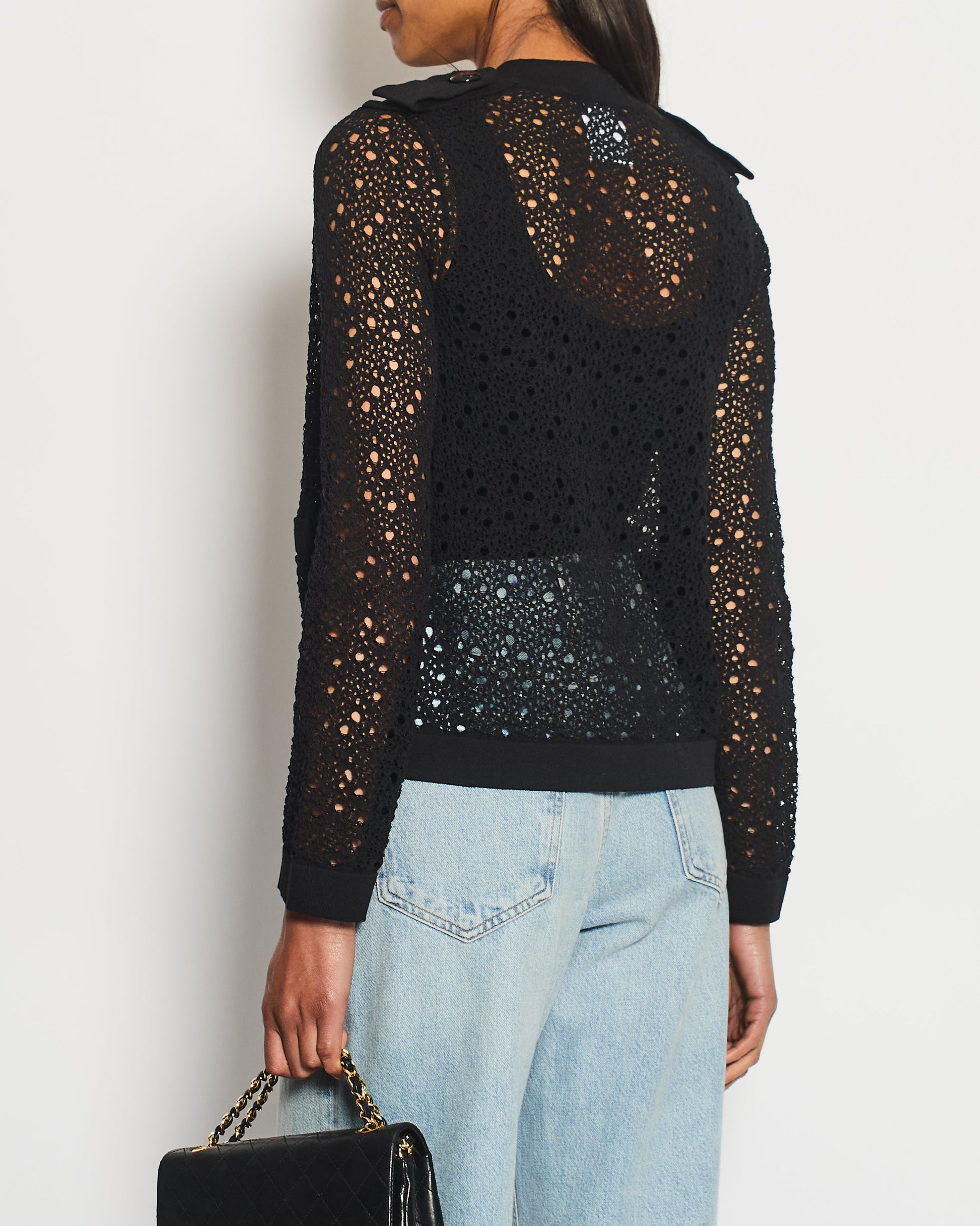 Chanel Black Crochet Cardigan With Cc Logo Buttons Size Fr 34 (Uk 6) Bag