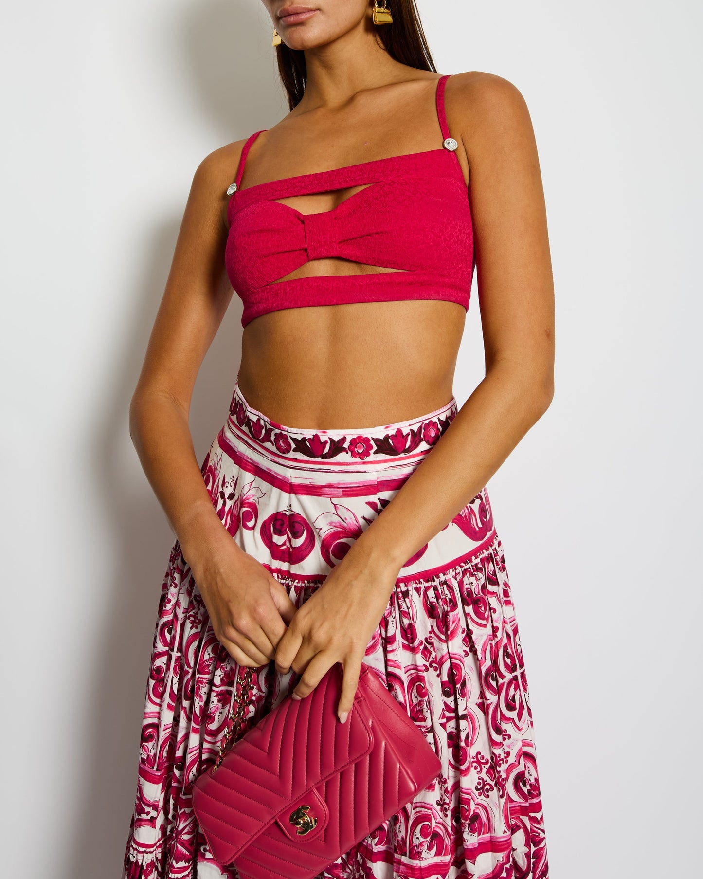 Chanel 21K Raspberry Pink Silk Cc Logo Printed Bralette Top With Crystal Details Size Fr 38 (Uk 10) Bag