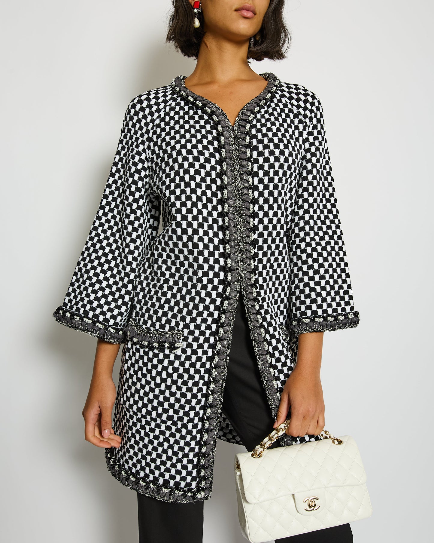 Chanel White and Black Checkered Coat with Trim Detailing Size FR 34 (UK 6) RRP £4,100