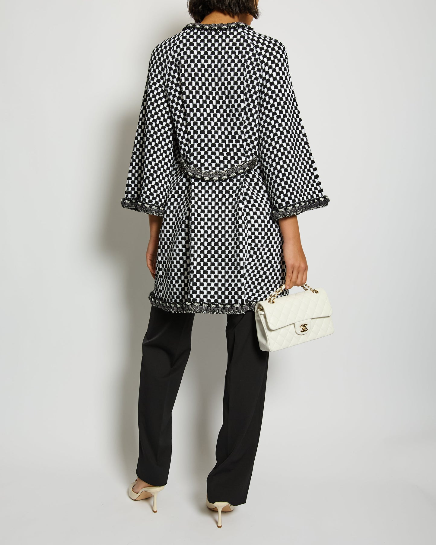 Chanel White and Black Checkered Coat with Trim Detailing Size FR 34 (UK 6) RRP £4,100