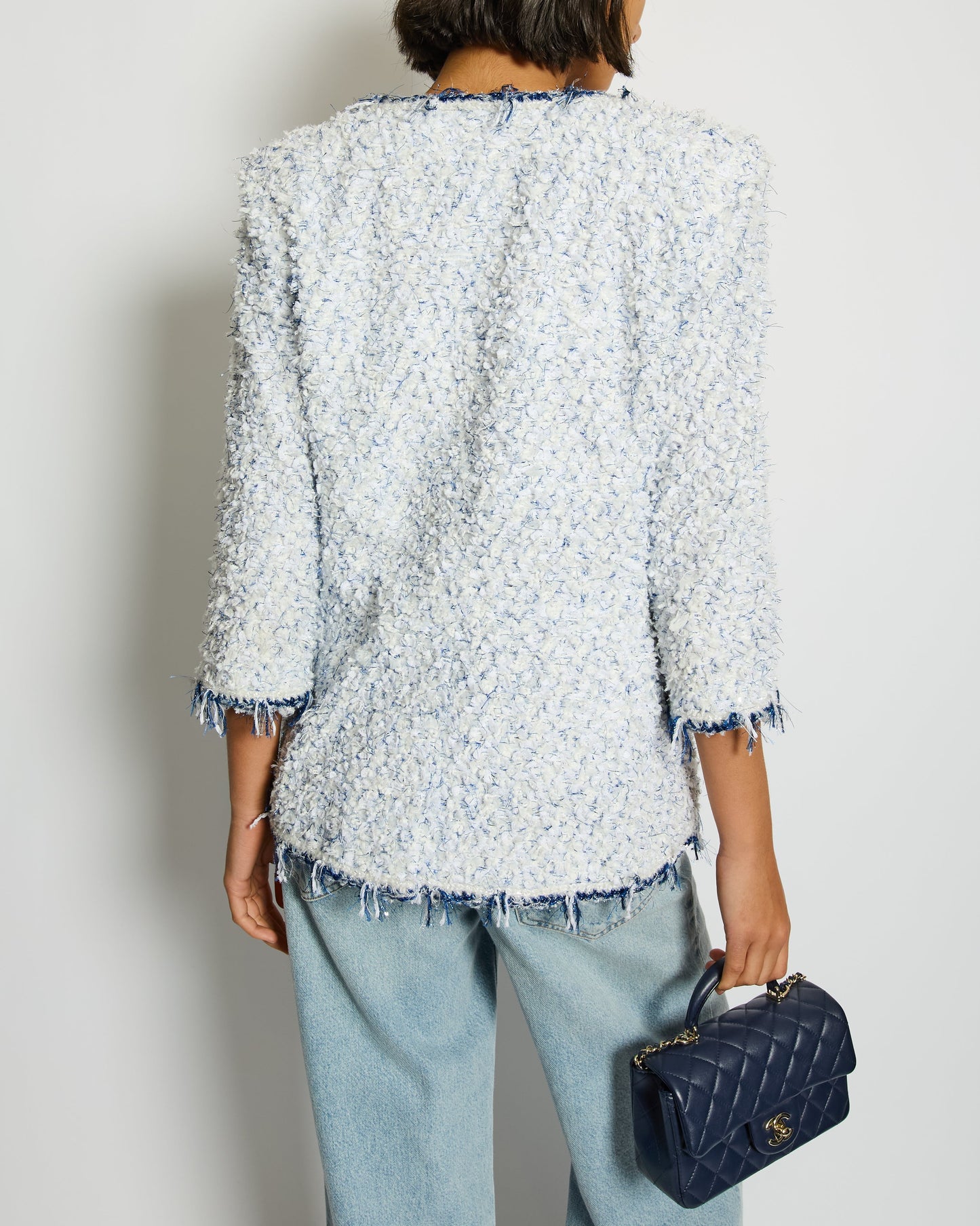 Chanel SS18 White and Blue Fantasy Tweed Jacket with Silver CC Logo Button Detail Size FR 38 (UK 10) RRP £5,100