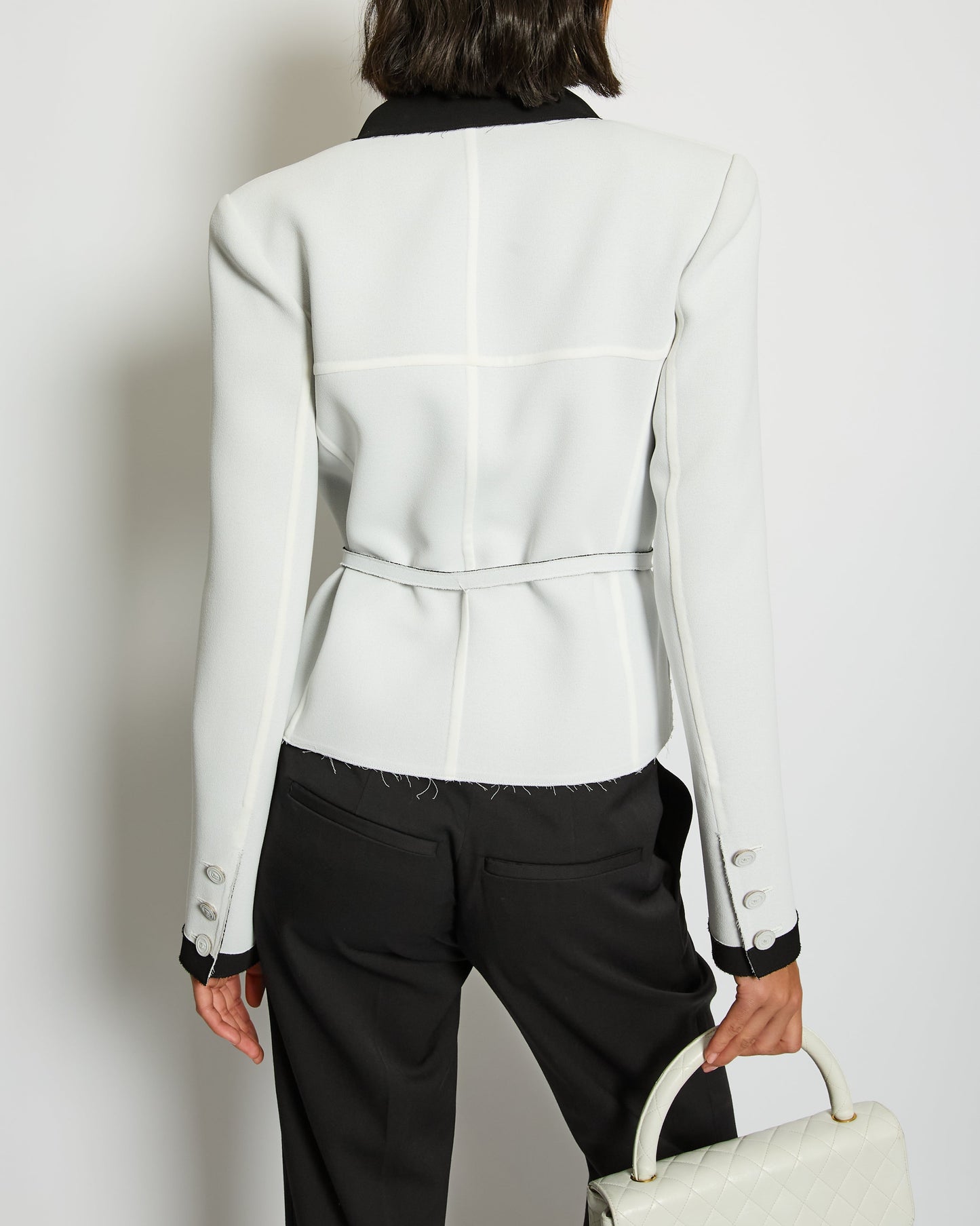 Chanel 14S Pale Grey and Black Trim Jacket with Belt and CC Button Details Size FR 34 (UK 6) RRP £3,250