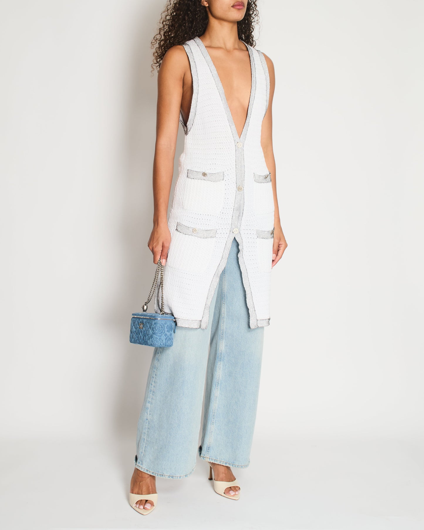 Chanel White Long Line Button Down Vest With Pocket Detail Fr 38 (Uk 10) Bag