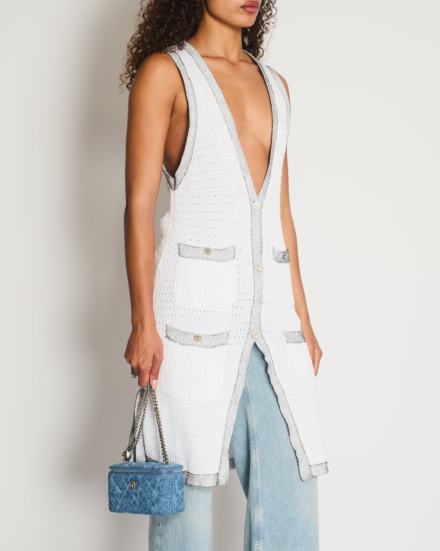 Chanel White Long Line Button Down Vest With Pocket Detail Fr 38 (Uk 10) Bag