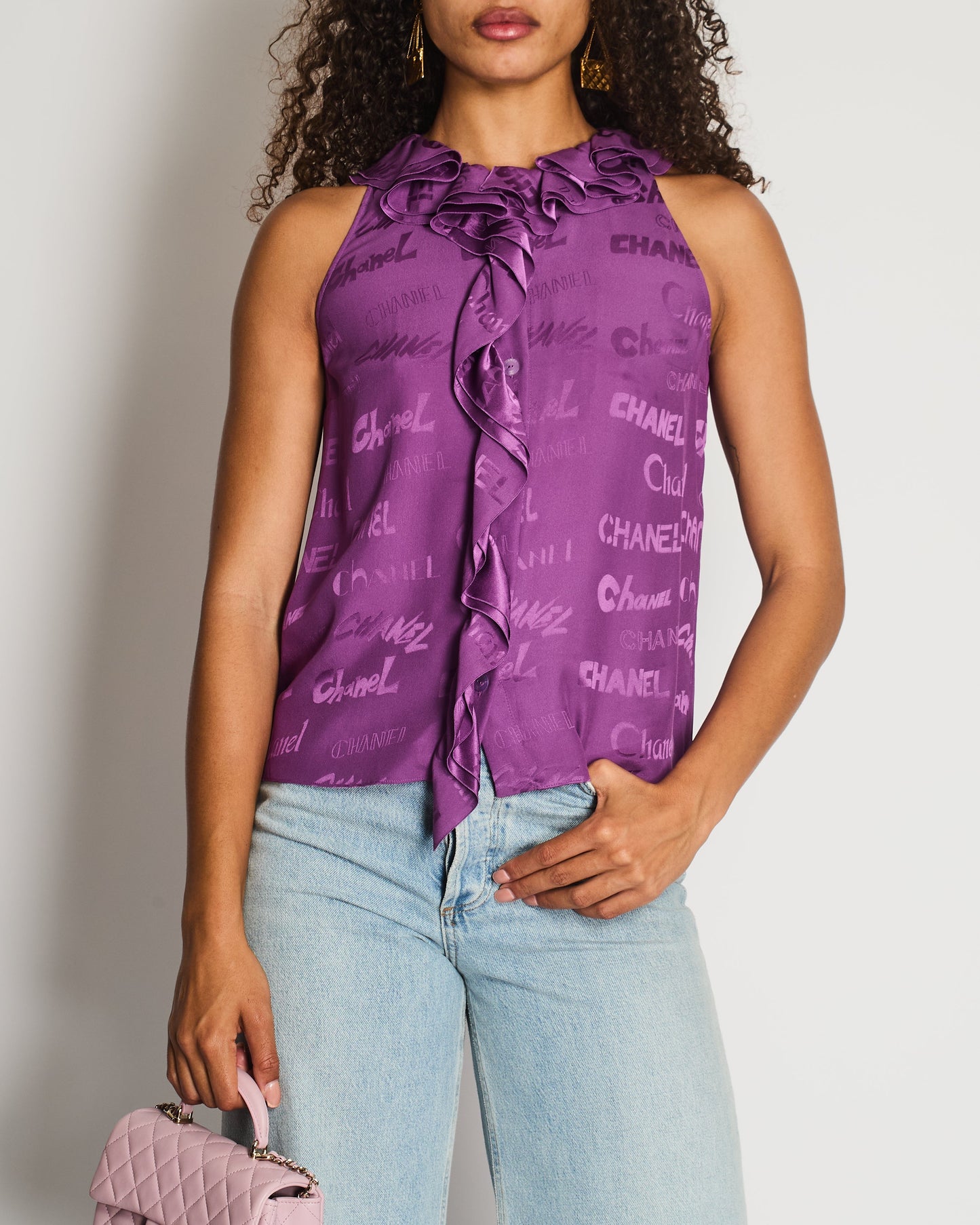Chanel 22P Purple Silk Sleeveless Button Down Top With Ruffle Neckline And Logo Detail Size Fr 38 (Uk 10) Bag