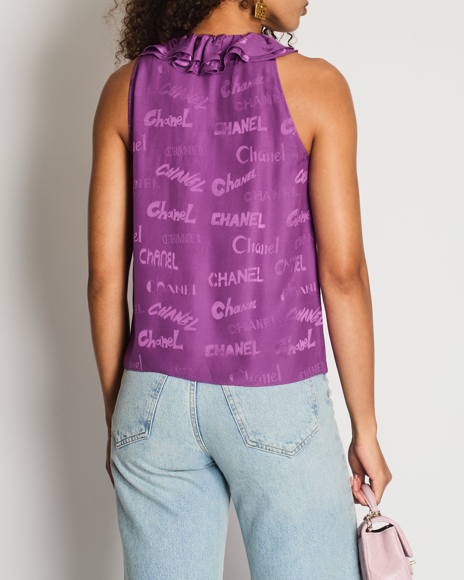 Chanel 22P Purple Silk Sleeveless Button Down Top With Ruffle Neckline And Logo Detail Size Fr 38 (Uk 10) Bag