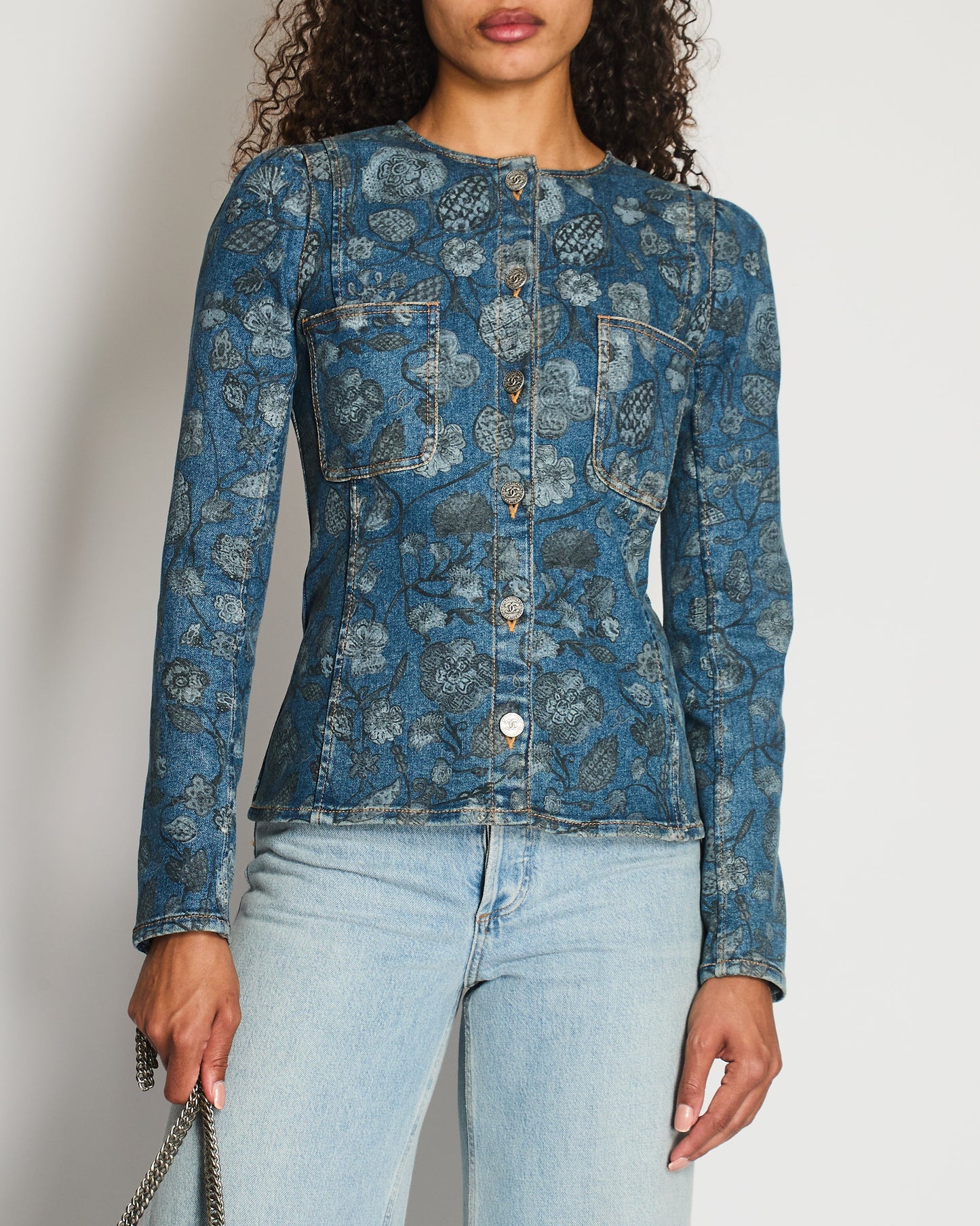 Chanel 21/A Flower Printed Denim Jacket with Silver CC Button Details Size FR 38 (UK 10)