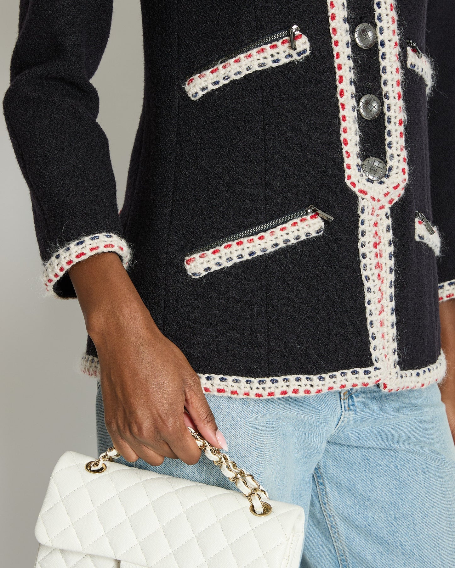 Chanel Navy Wool Long Sleeve Jacket with White and Red Trim, Double Pocket Detail and Ruthenium Logo Buttons Size FR 36 (UK 8)