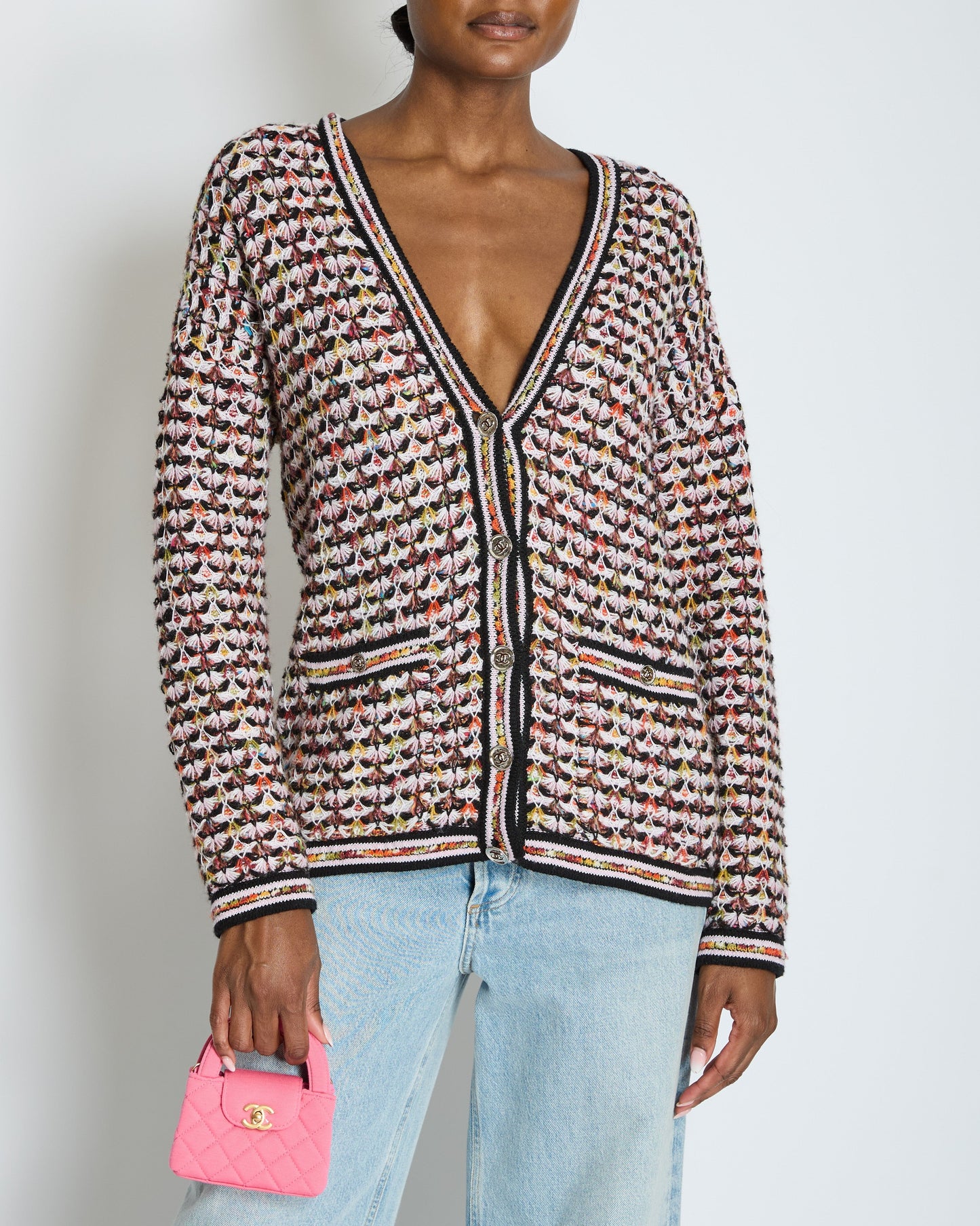 Chanel Multi-Colour Long Sleeve Cashmere Blend Knit Cardigan With Silver Cc Logo Buttons Size Fr 36 (Uk 8) Bag