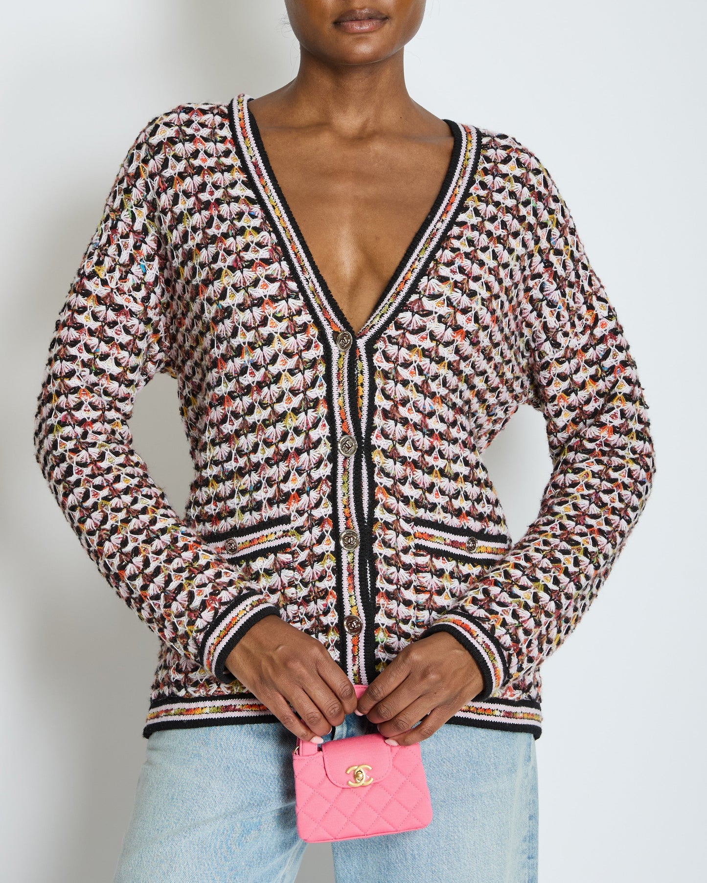 Chanel Multi-Colour Long Sleeve Cashmere Blend Knit Cardigan With Silver Cc Logo Buttons Size Fr 36 (Uk 8) Bag