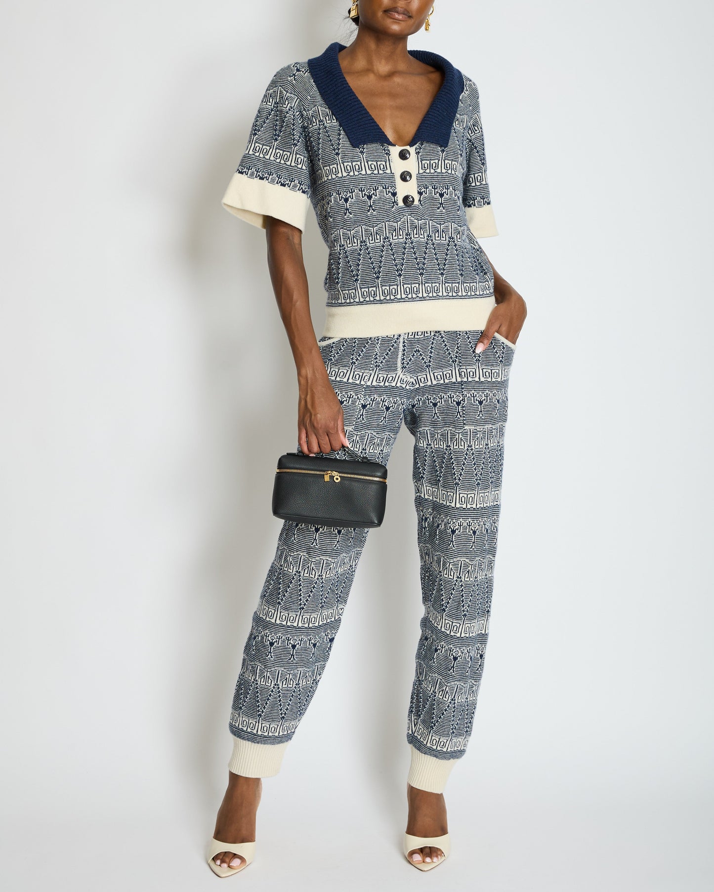 Chanel Cruise 2013 Navy Blue and White Cashmere Top and Tro rs Set with CC Logo Buttons Size FR 36/38 (UK 8/10)