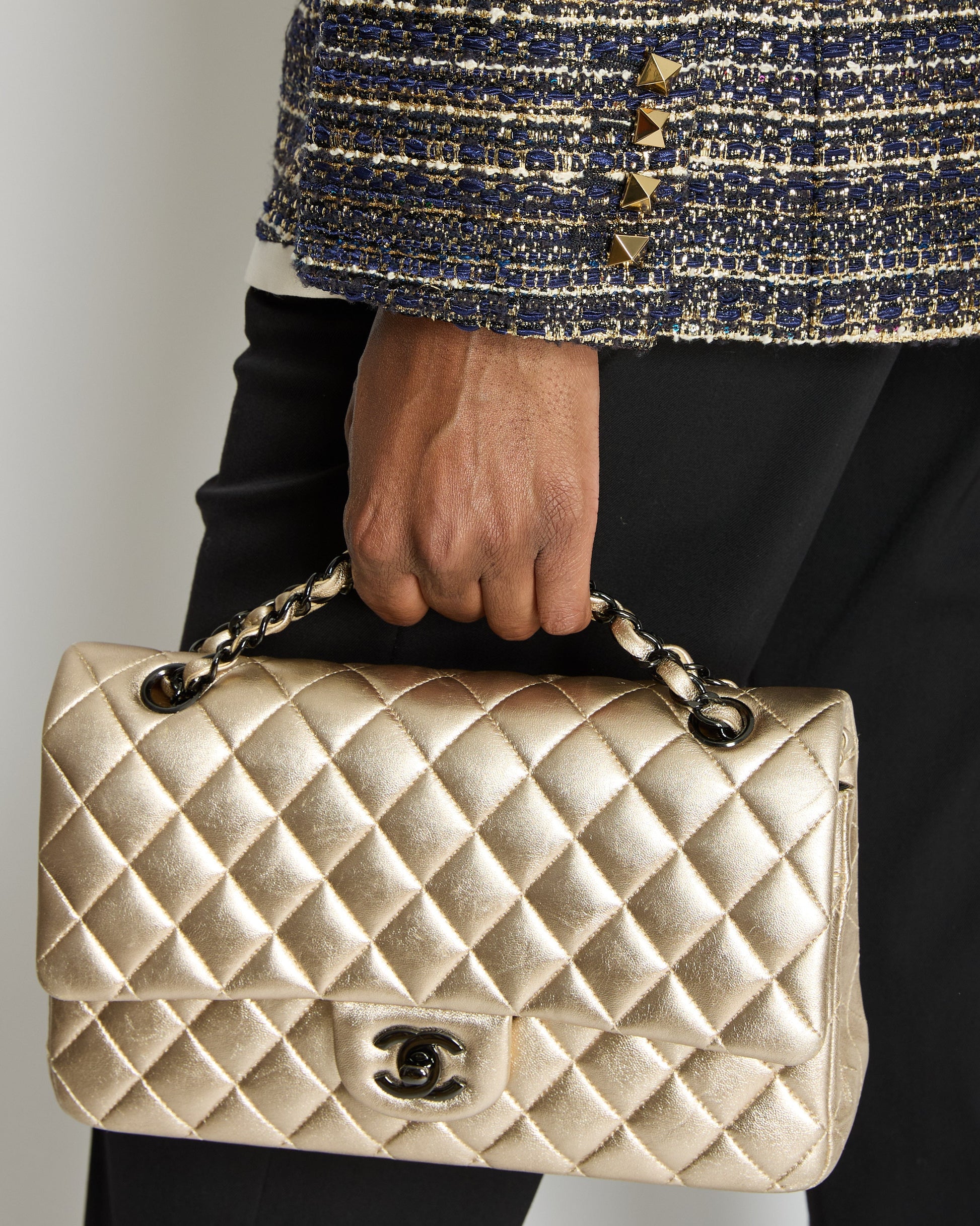 Chanel *super Rare* Metallic Gold Medium Classic Double Flap Bag in Lambskin Leather with Black Hardware