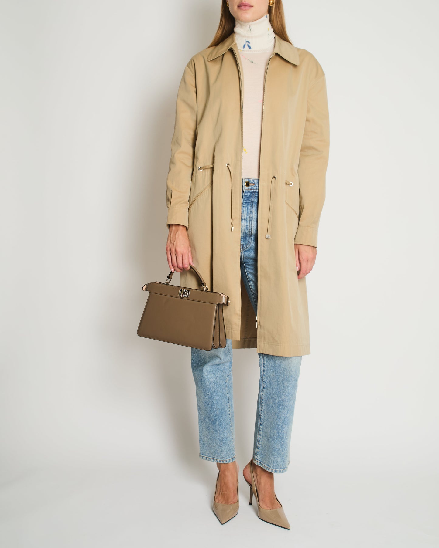 Chanel   99P Beige Cotton Long Line Belted Trench Coat with Collar and Silver Logo Zip Size FR 40 (UK 12)