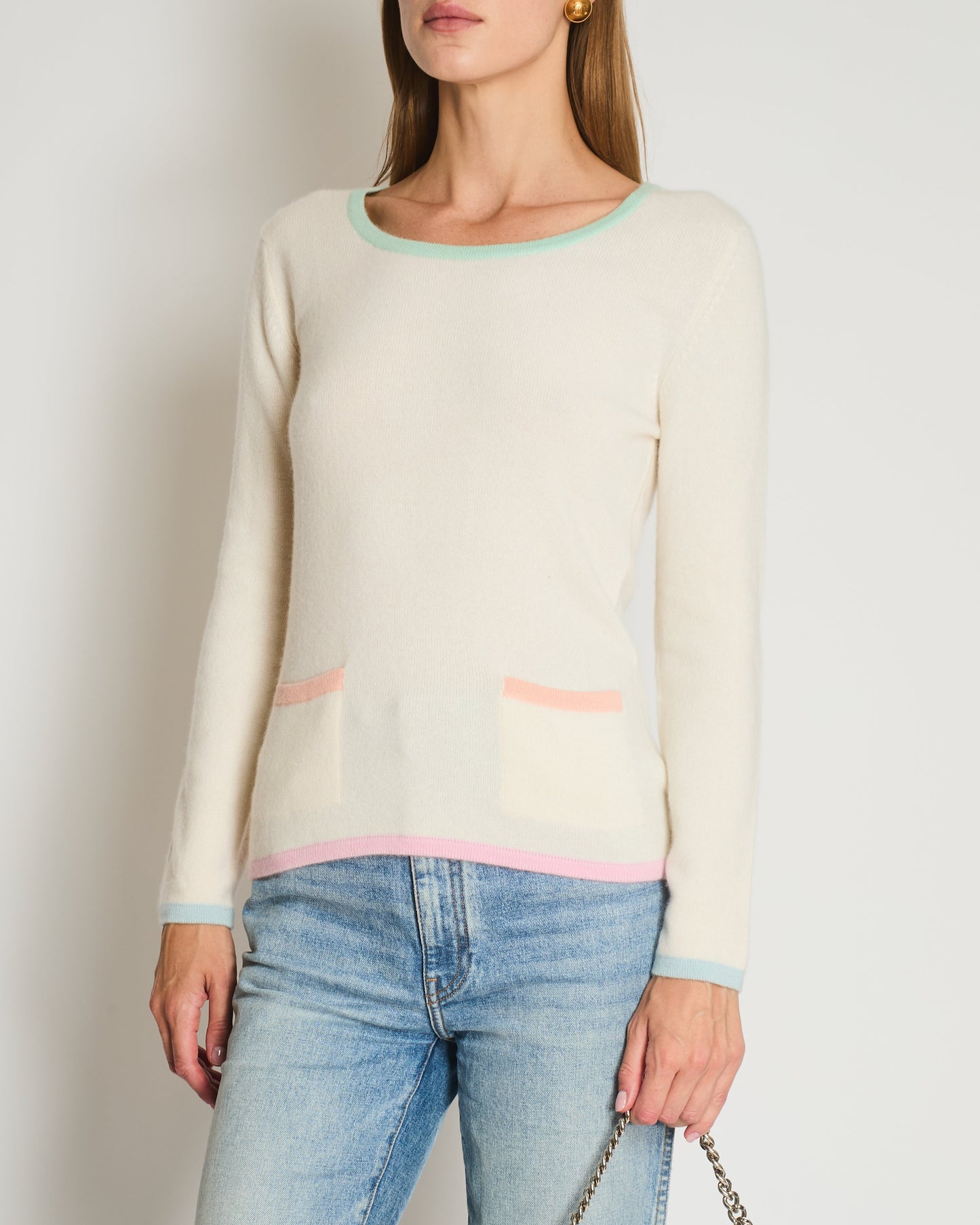 Chanel Cruise Cream And Pastel Multicolour Cashmere Jumper With Back Cc Logo Detail Size Fr 42 (Uk 14) Bag