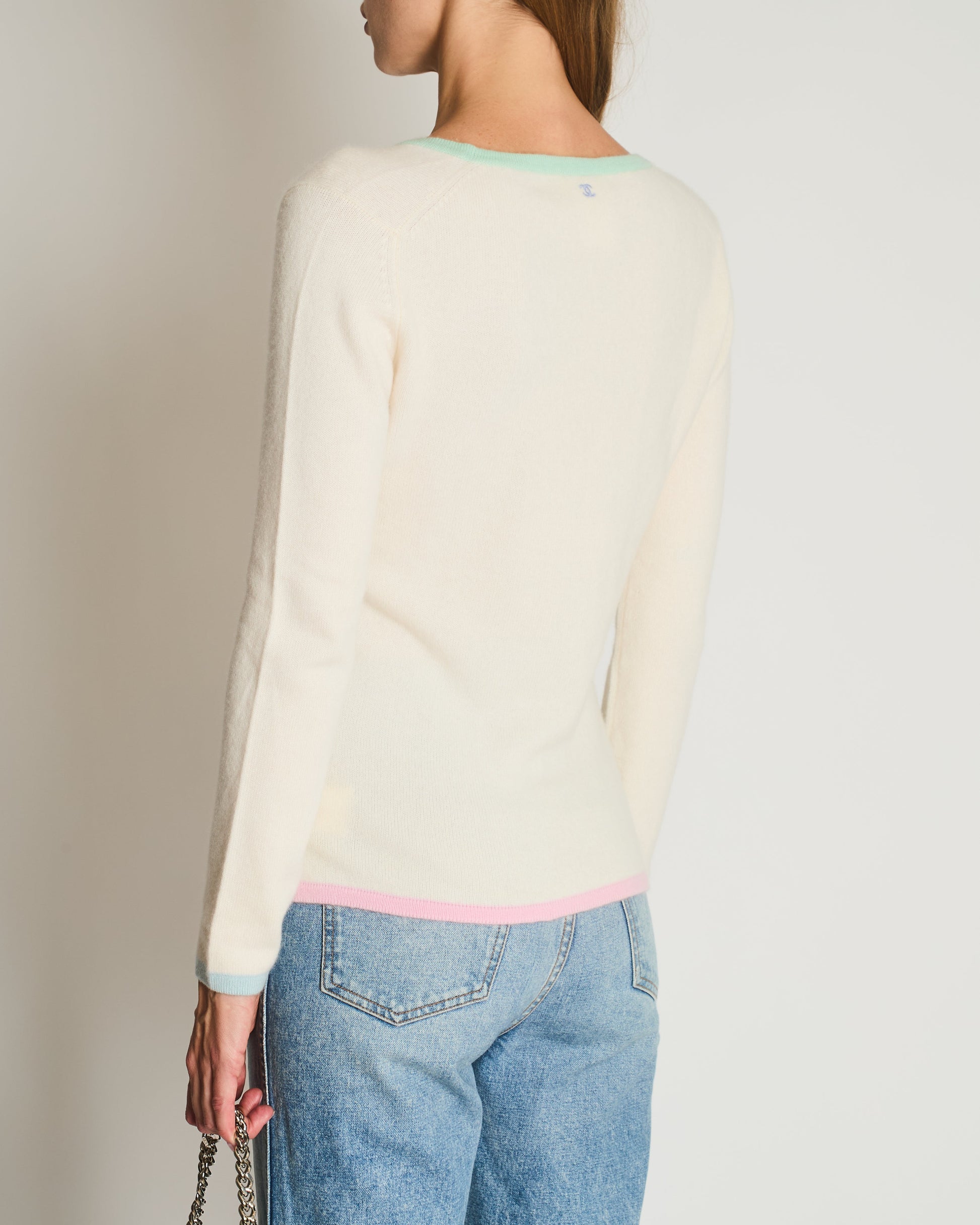 Chanel Cruise Cream And Pastel Multicolour Cashmere Jumper With Back Cc Logo Detail Size Fr 42 (Uk 14) Bag