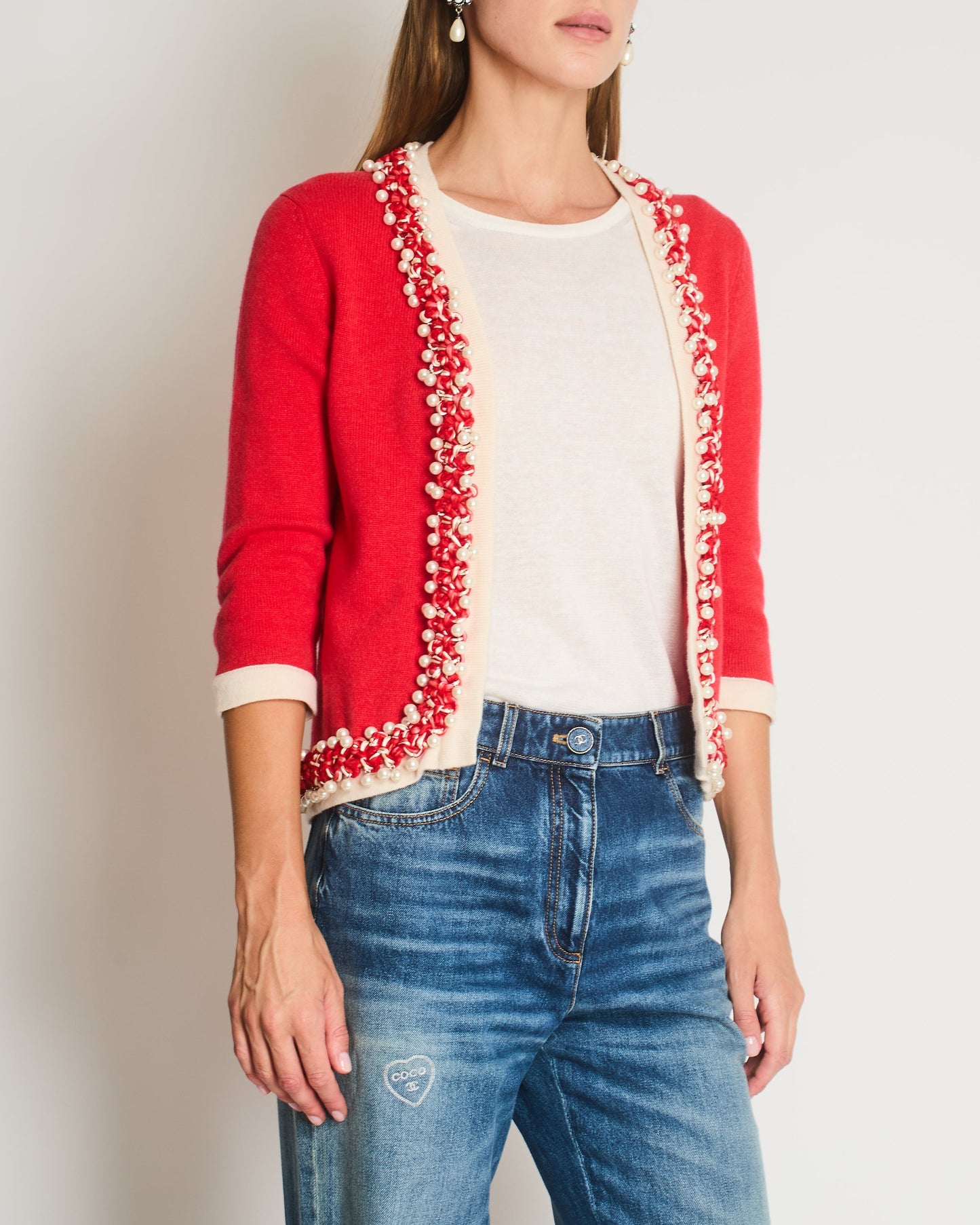 Chanel 10P Red Knitted Long Sleeve Cardigan With Pearls & Cream Braided Trim Details Fr 36 (Uk 8) Bag